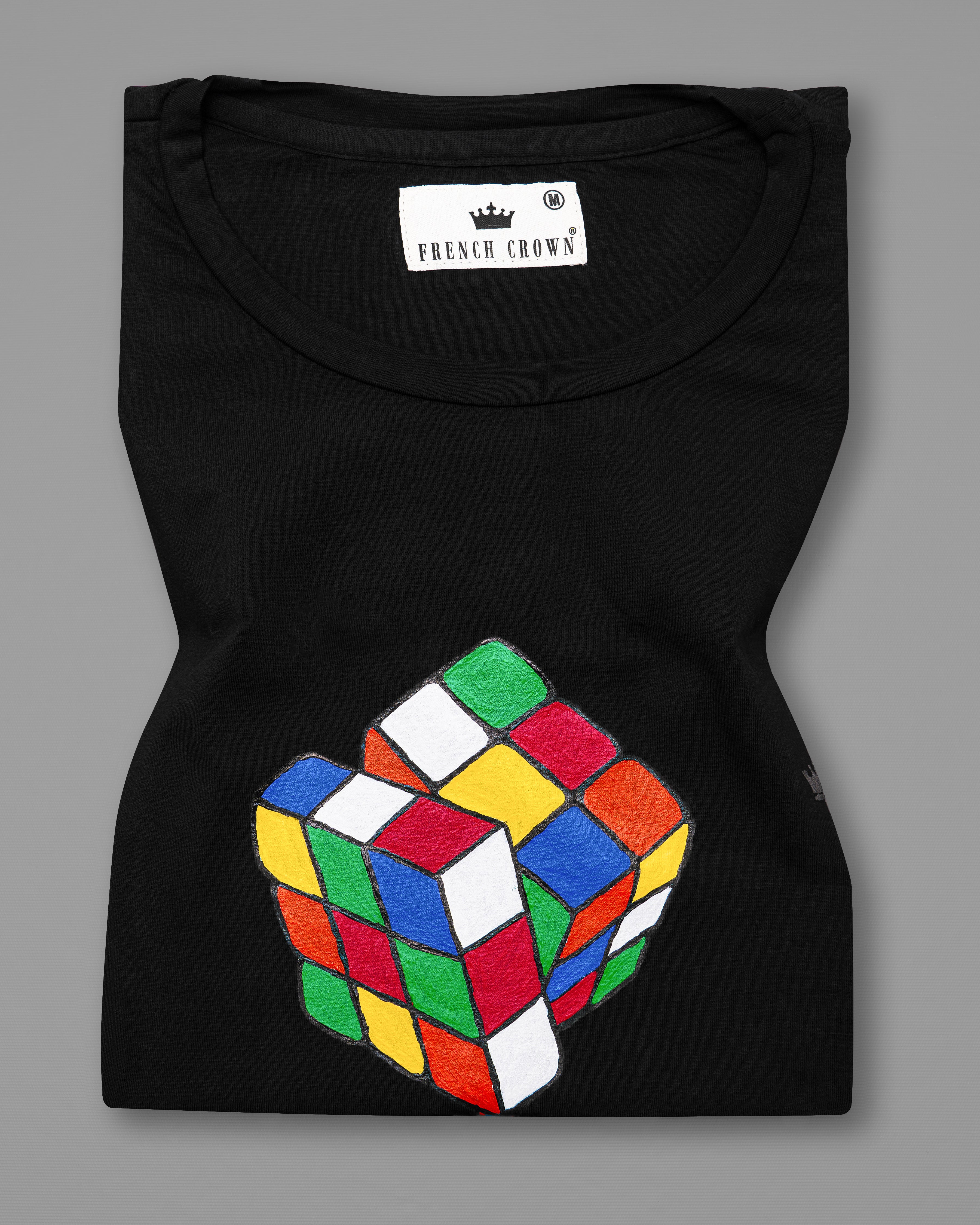 Jade Black Rubiks Cube Hand Painted Organic Cotton T-Shirt TS045-W04-S, TS045-W04-M, TS045-W04-L, TS045-W04-XL, TS045-W04-XXL