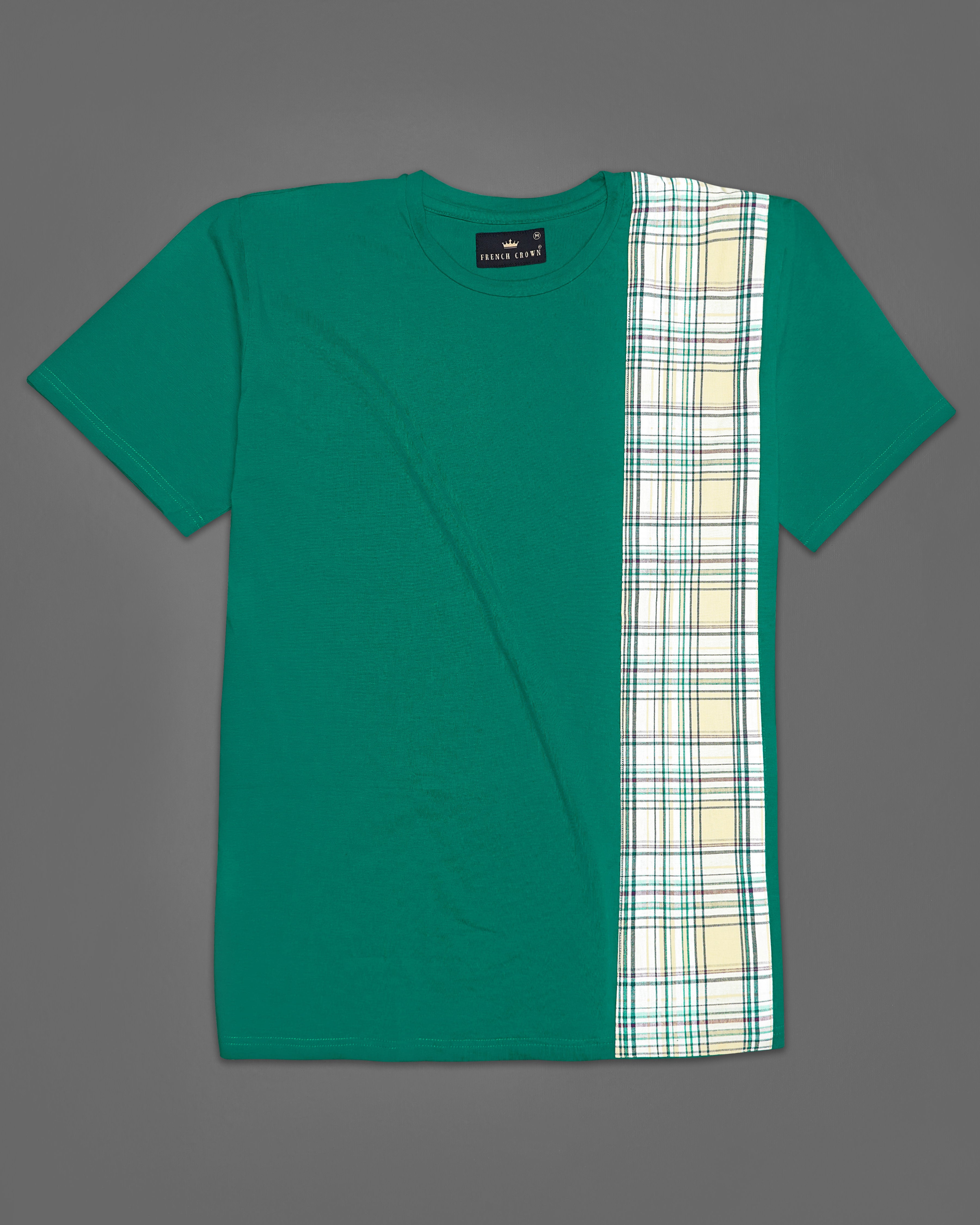 Tropical Green with Checkered PatchWork Organic Designer T-shirt TS005-W02-S, TS005-W02-M, TS005-W02-L, TS005-W02-XL, TS005-W02-XXL