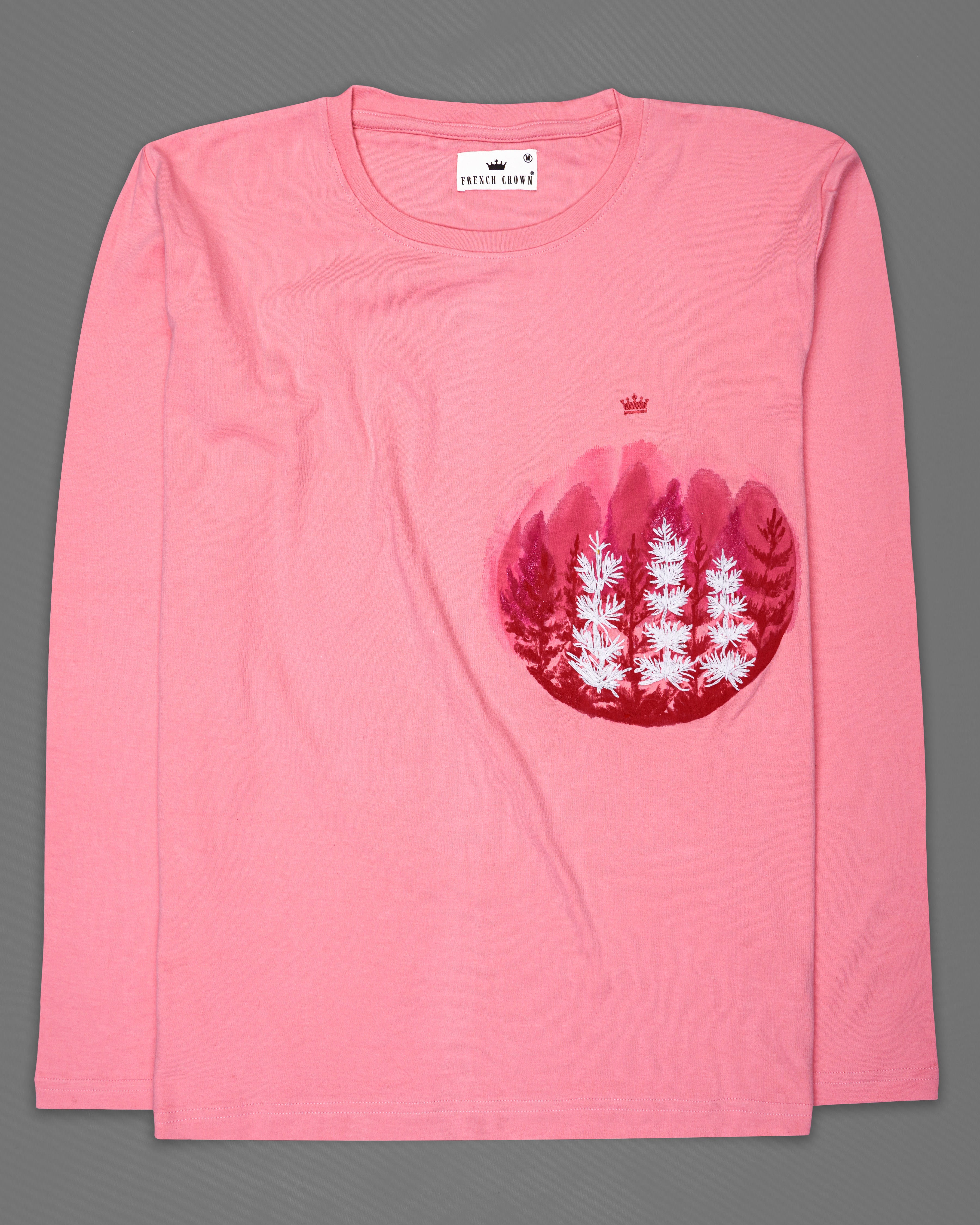 Sundown Pink with Trees Hand Painting and Hand Stitched Work Organic Cotton T-shirt TS117-W01-S, TS117-W01-M, TS117-W01-L, TS117-W01-XL, TS117-W01-XXL