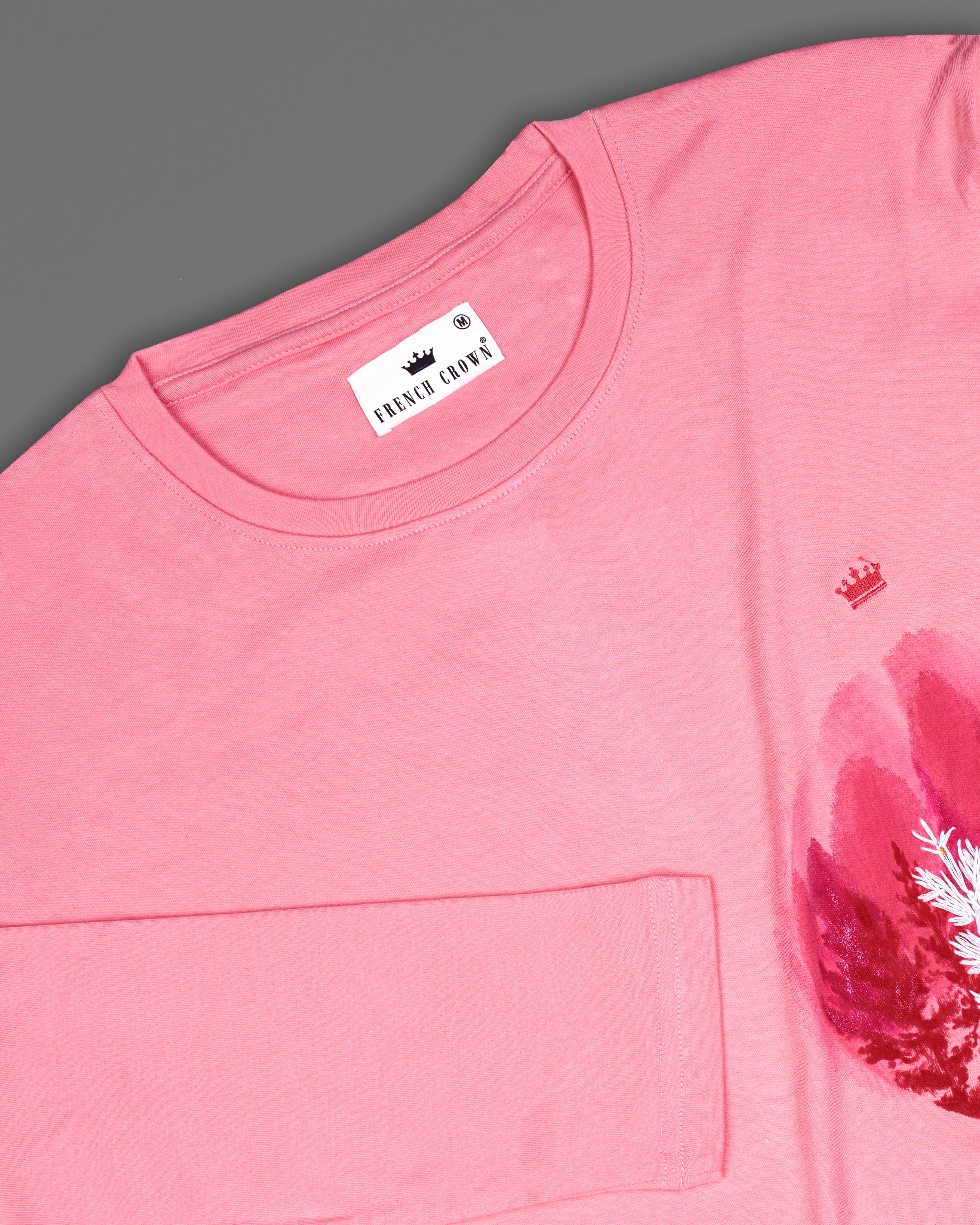 Sundown Pink with Trees Hand Painting and Hand Stitched Work Organic Cotton T-shirt TS117-W01-S, TS117-W01-M, TS117-W01-L, TS117-W01-XL, TS117-W01-XXL