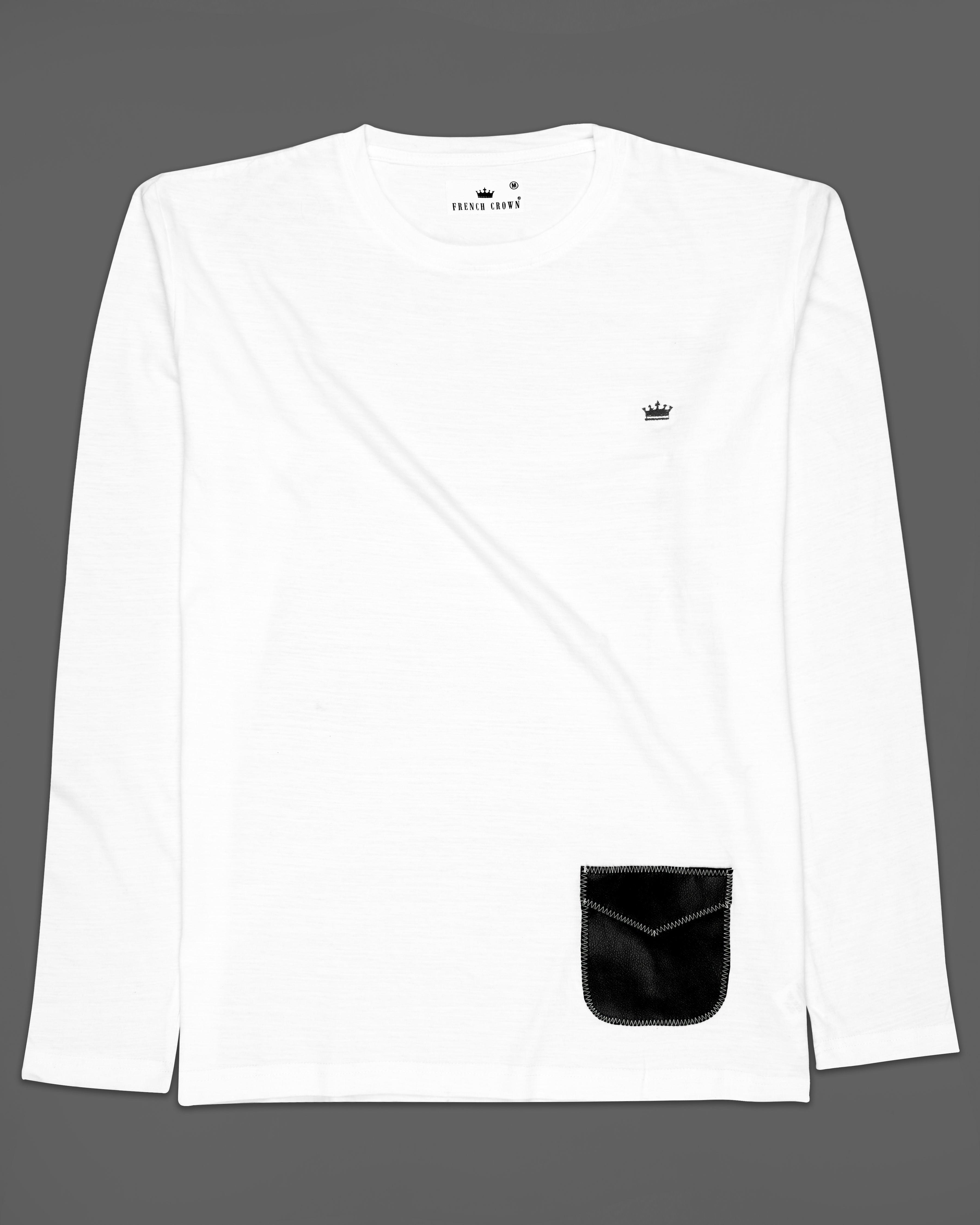 Bright White With Leather Nonfunctional Patch pocket Organic Cotton T-Shirt TS144-W02-S, TS144-W02-M, TS144-W02-L, TS144-W02-XL, TS144-W02-XXL