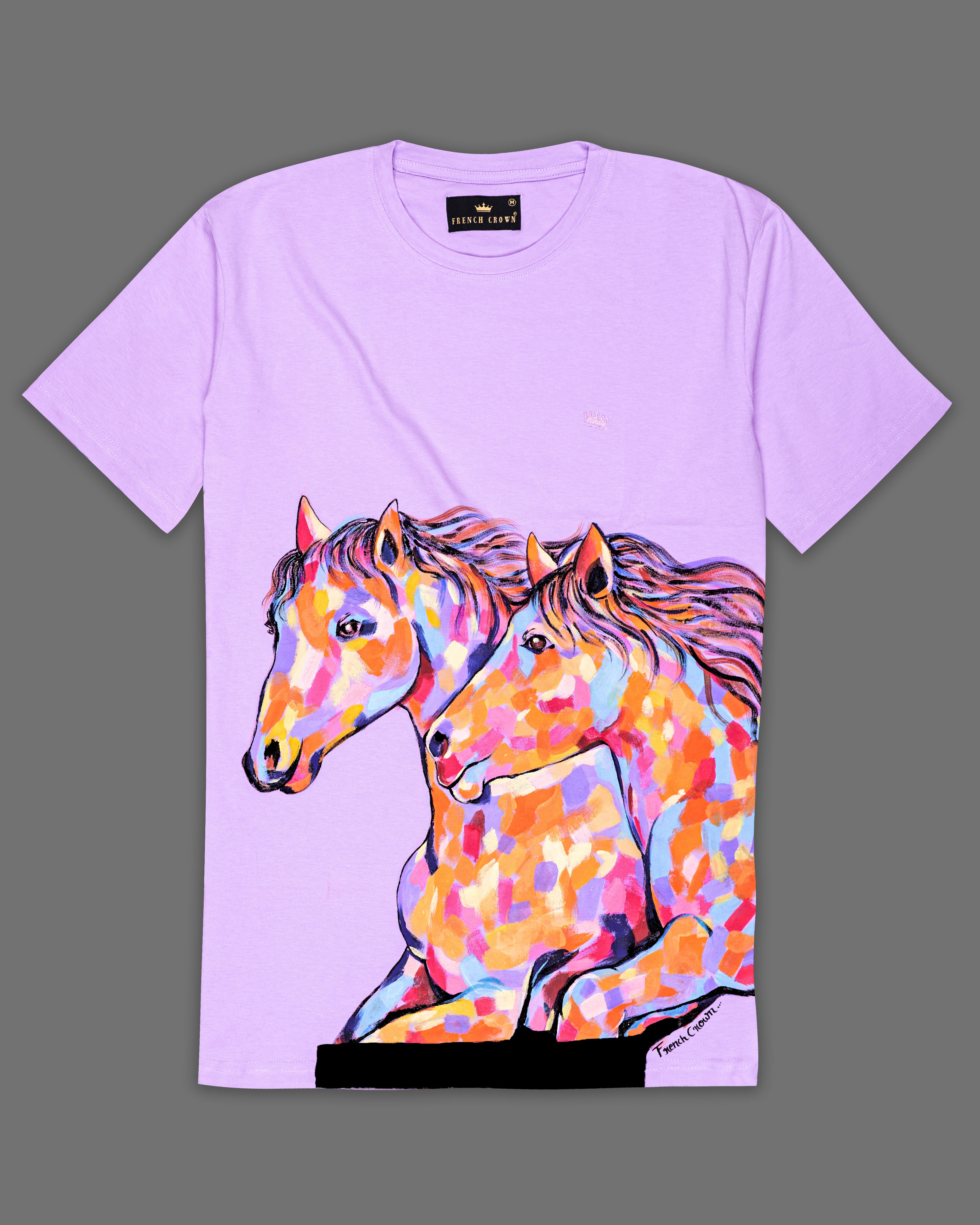 Mauve Purple Horse Hand-Painted Organic Cotton Round Neck Designer T-Shirt TS214-W01-S, TS214-W01-M, TS214-W01-L, TS214-W01-XL, TS214-W01-XXL