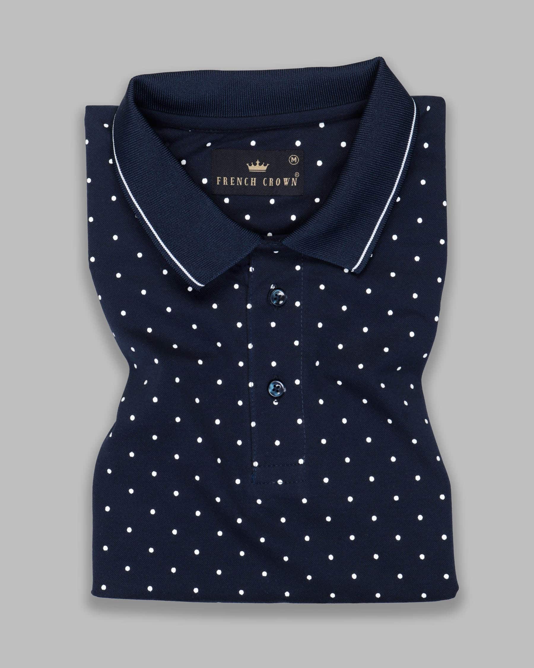 Big Stone Navy Blue With White Dotted Print Premium Cotton Polo T-shirt