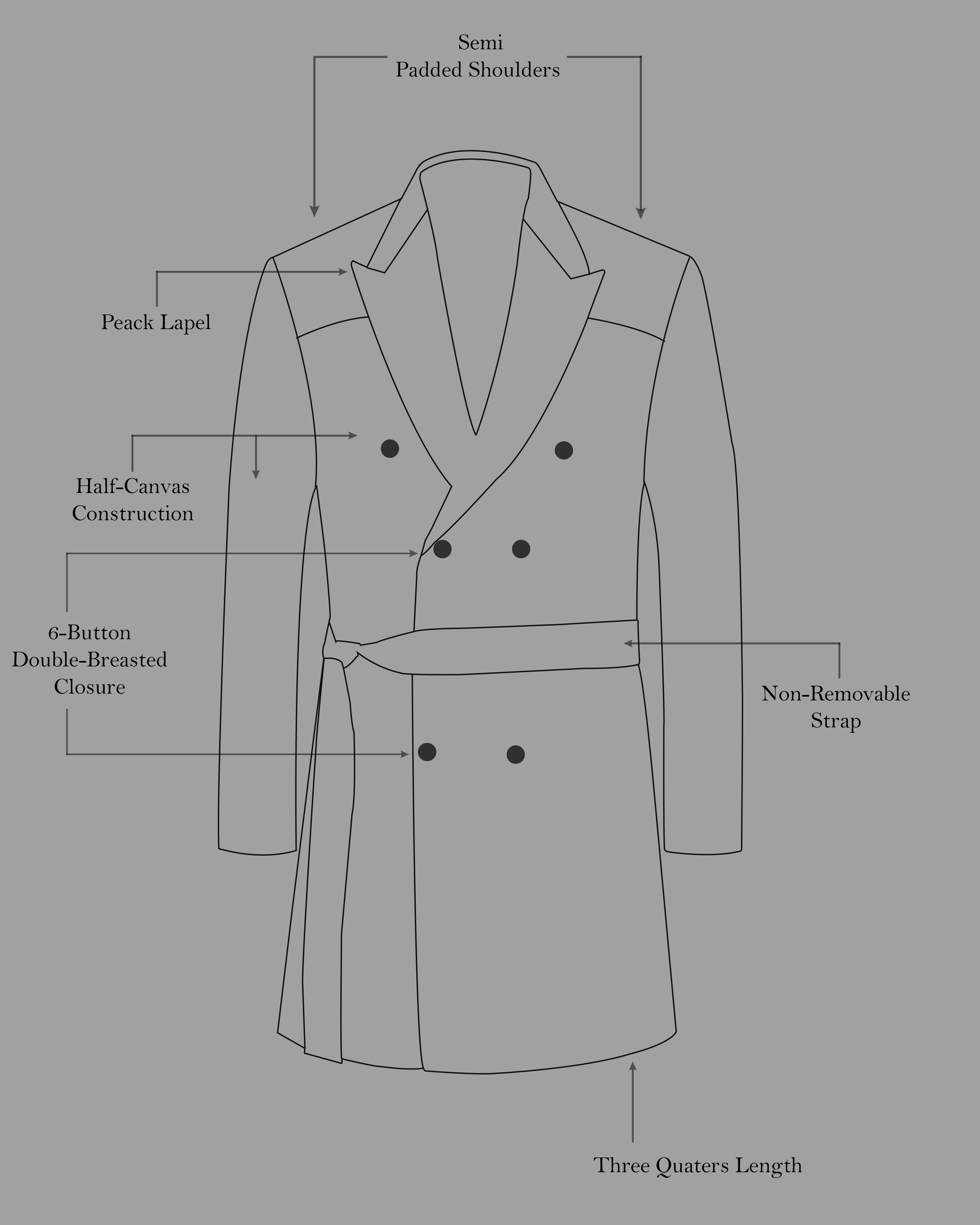 Jaguar Black with Concrete Gray Striped Double Breasted Trench Coat Belt Closure with Pant