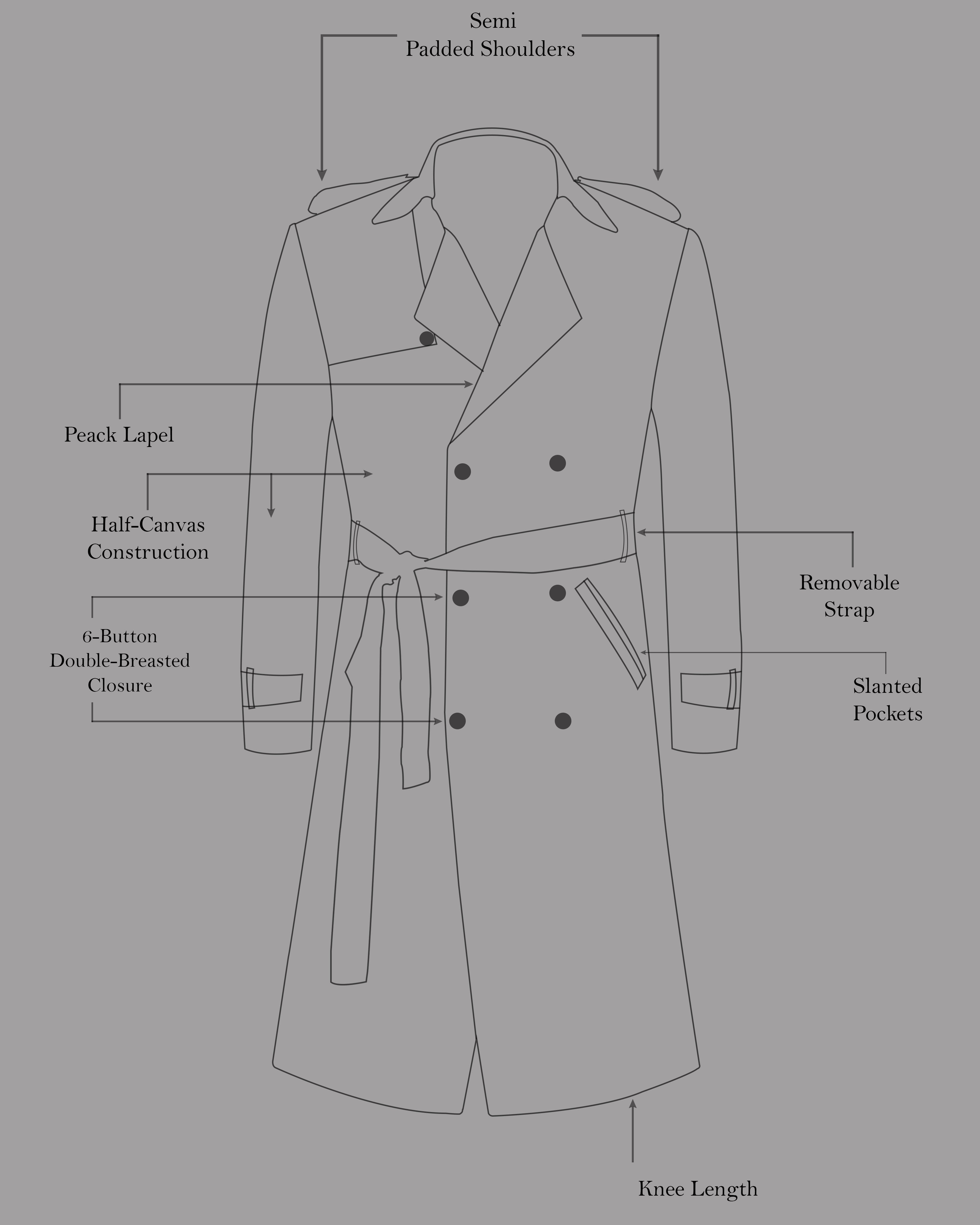 Grey with Pink Plaid Double Breasted Knee Length Wool Flannel Trench coat