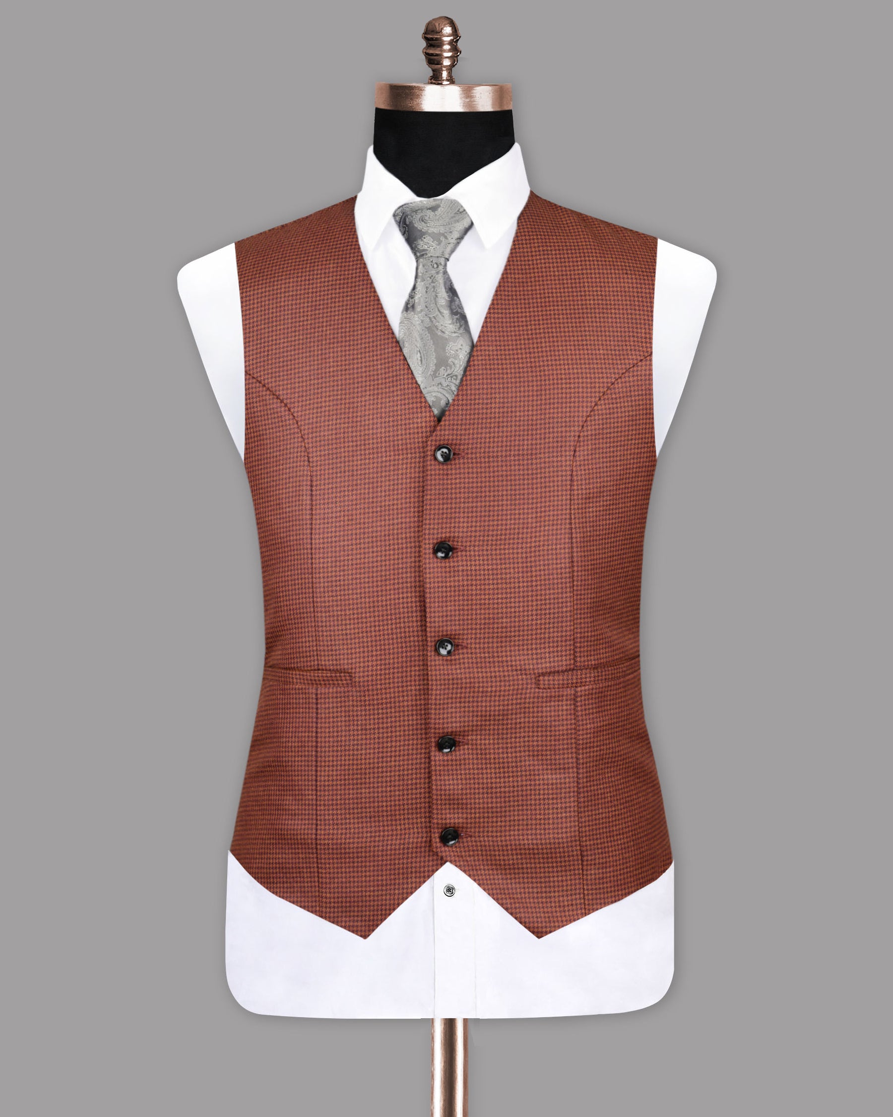 Flame Pea with Purple Houndstooth Textured Waistcoat V1090-46, V1090-50, V1090-54, V1090-56, V1090-58, V1090-44, V1090-60, V1090-48, V1090-52, V1090-36, V1090-40, V1090-42, V1090-38