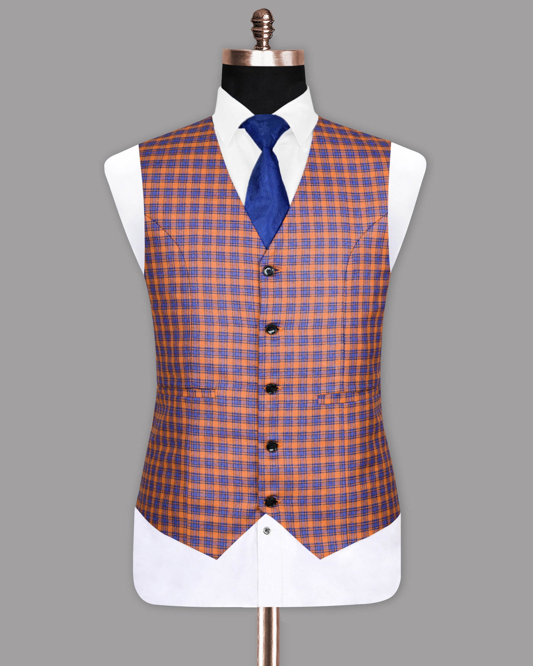 Raw Sienna Brown With Victoria Blue Plaid Waistcoat V1109-42, V1109-46, V1109-48, V1109-50, V1109-52, V1109-36, V1109-38, V1109-40, V1109-44, V1109-54, V1109-56, V1109-58, V1109-60