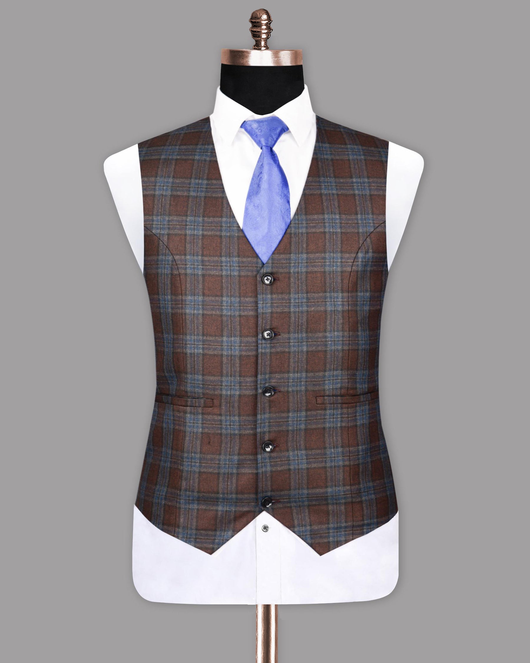 Wood Bark Brown with Port Gore Blue Plaid Waistcoat V1110-46, V1110-44, V1110-54, V1110-60, V1110-36, V1110-38, V1110-42, V1110-48, V1110-52, V1110-56, V1110-58, V1110-40, V1110-50