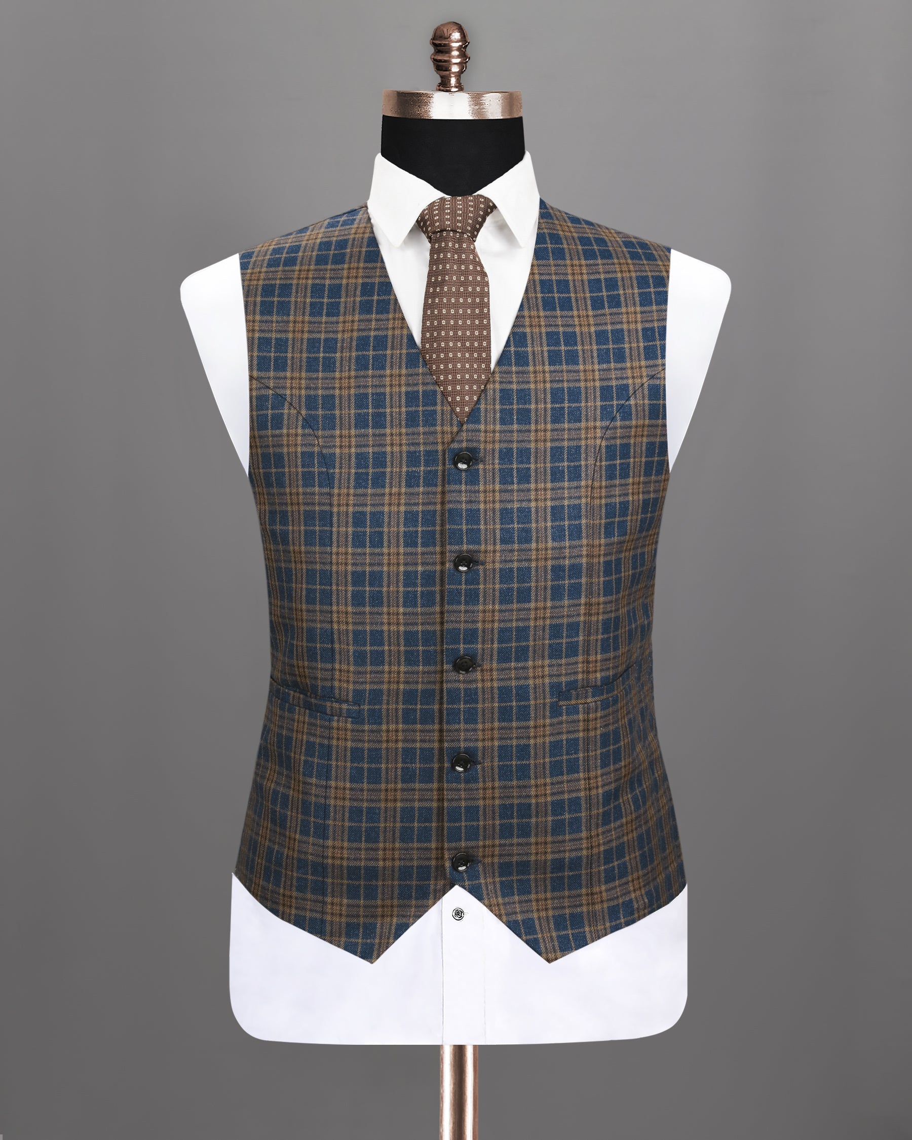 Cornflower Blue with Sandal Brown Plaid Wool Rich Waistcoat V1189-36, V1189-38, V1189-40, V1189-42, V1189-44, V1189-46, V1189-48, V1189-50, V1189-52, V1189-54, V1189-56, V1189-58, V1189-60