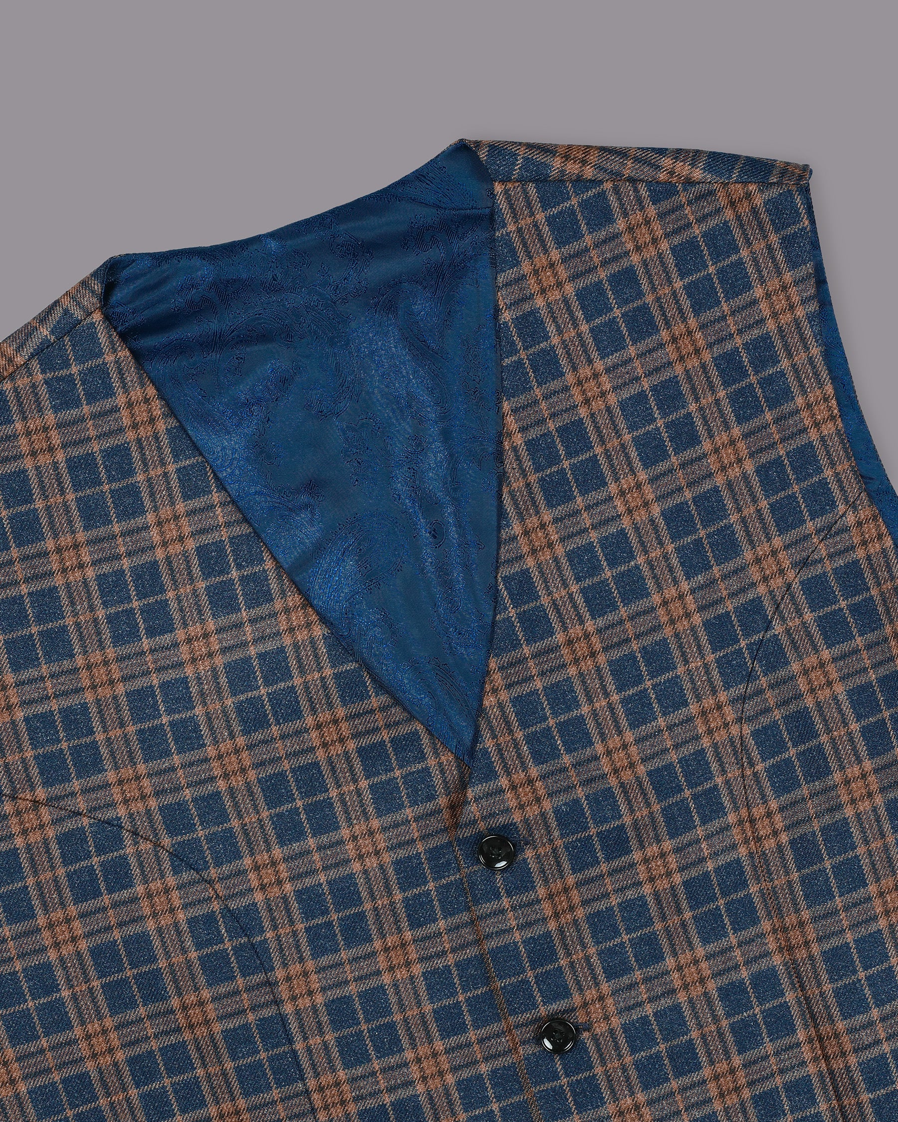 Cornflower Blue with Sandal Brown Plaid Wool Rich Waistcoat V1189-36, V1189-38, V1189-40, V1189-42, V1189-44, V1189-46, V1189-48, V1189-50, V1189-52, V1189-54, V1189-56, V1189-58, V1189-60