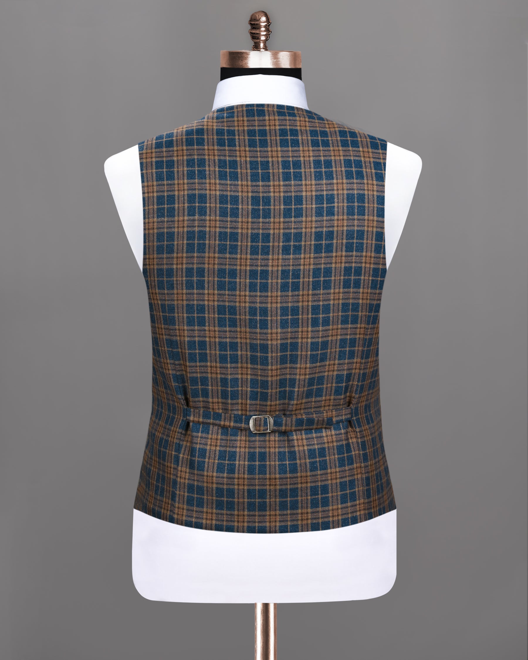 Cornflower Blue with Sandal Brown Plaid Wool Rich Waistcoat V1189-36, V1189-38, V1189-40, V1189-42, V1189-44, V1189-46, V1189-48, V1189-50, V1189-52, V1189-54, V1189-56, V1189-58, V1189-60