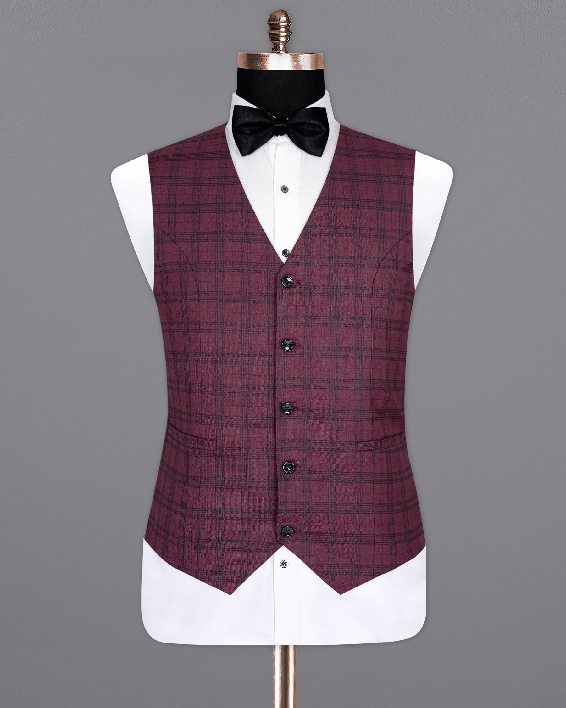 Eggplant Red Plaid Wool Rich Waistcoat V1379-36, V1379-38, V1379-40, V1379-42, V1379-44, V1379-46, V1379-48, V1379-50, V1379-52, V1379-54, V1379-56, V1379-58, V1379-60