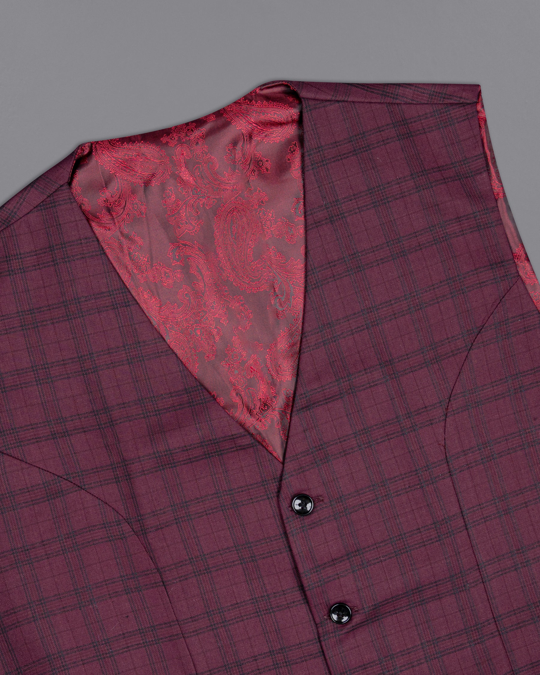 Eggplant Red Plaid Wool Rich Waistcoat V1379-36, V1379-38, V1379-40, V1379-42, V1379-44, V1379-46, V1379-48, V1379-50, V1379-52, V1379-54, V1379-56, V1379-58, V1379-60