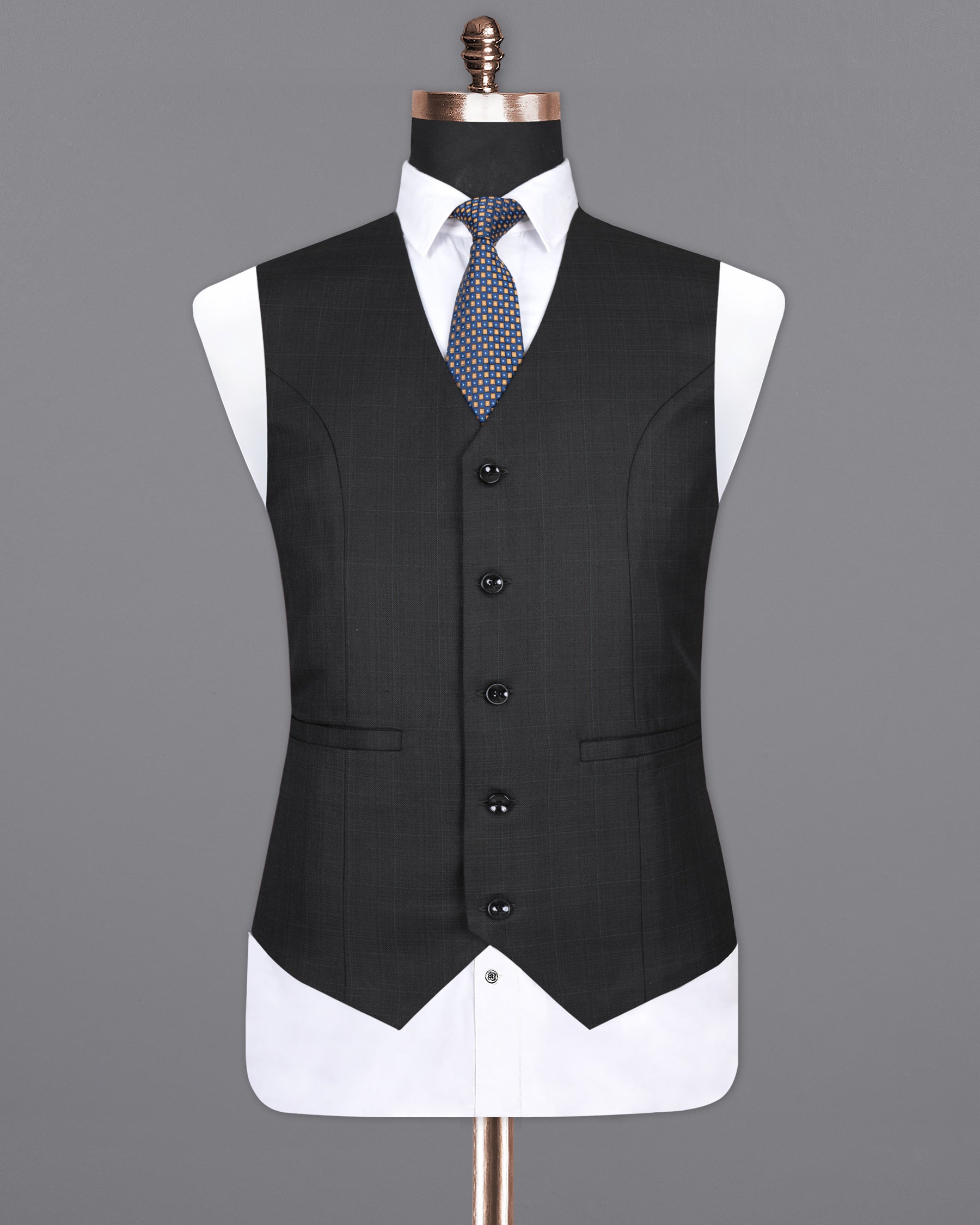 Log Cabin Black Subtle Plaid Wool Rich Waistcoat V1393-36, V1393-38, V1393-40, V1393-42, V1393-44, V1393-46, V1393-48, V1393-50, V1393-52, V1393-54, V1393-56, V1393-58, V1393-60