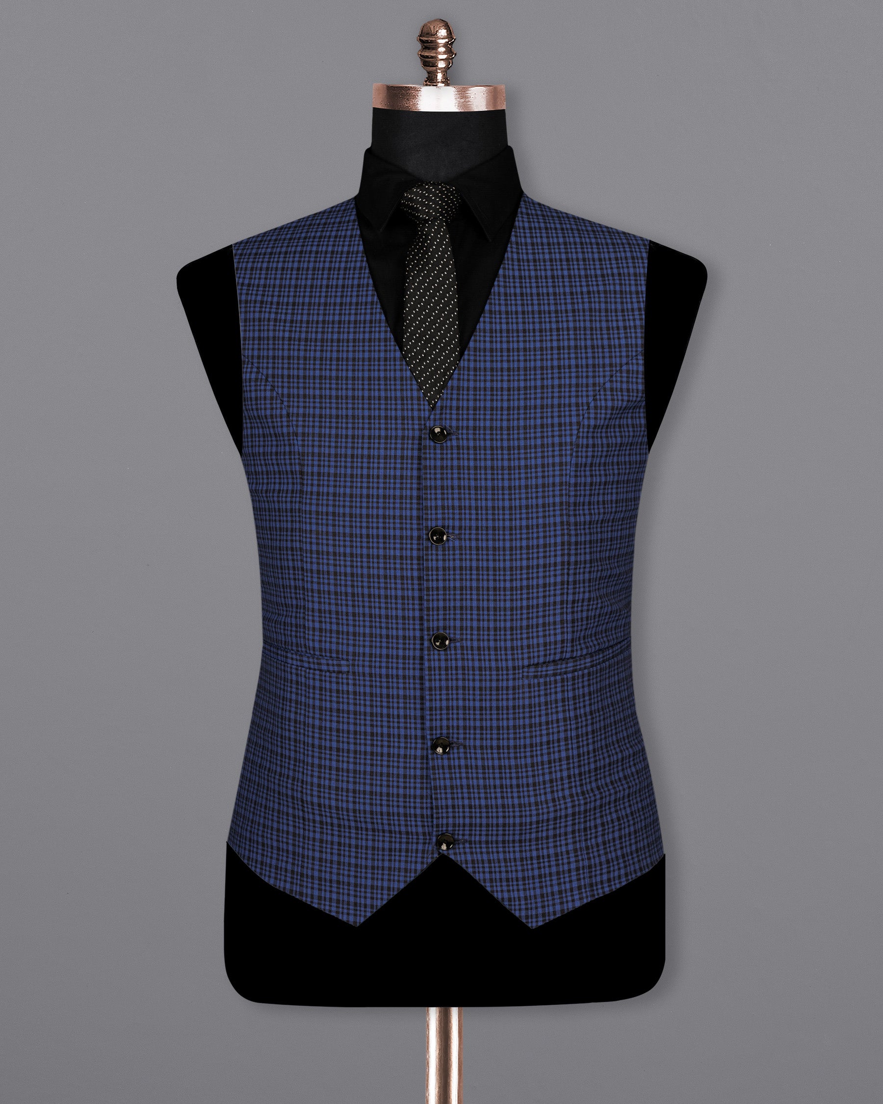 Chambray Blue and Jade Black Gingham Premium Cotton Waistcoat V1573-36, V1573-38, V1573-40, V1573-42, V1573-44, V1573-46, V1573-48, V1573-50, V1573-52, V1573-54, V1573-56, V1573-58, V1573-60