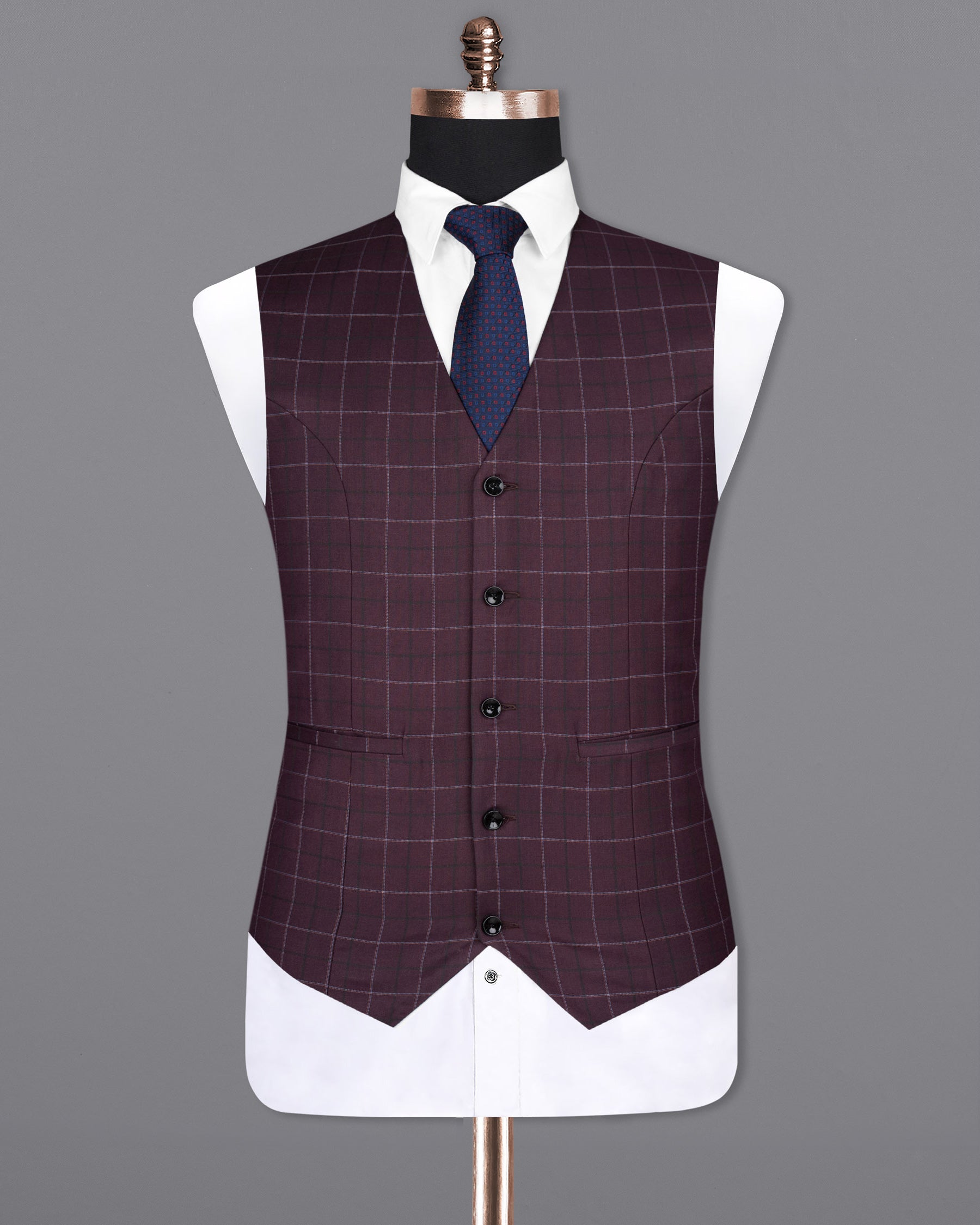 Livid Burgundy Super fine Windowpane Wool Rich Waistcoat V1611-36, V1611-38, V1611-40, V1611-42, V1611-44, V1611-46, V1611-48, V1611-50, V1611-52, V1611-54, V1611-56, V1611-58, V1611-60