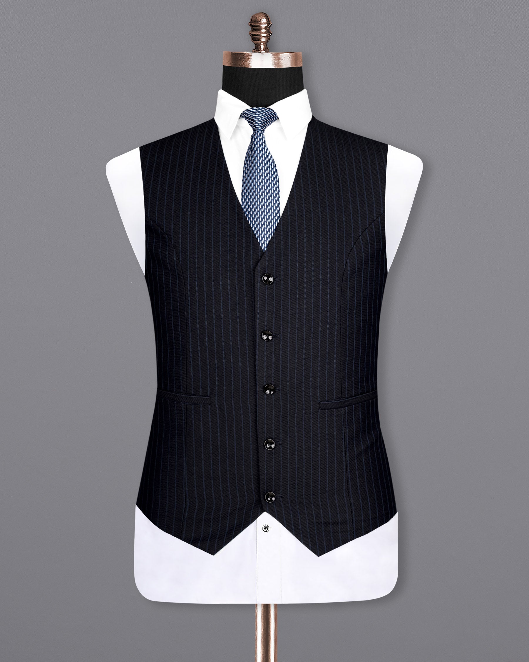 Jade Black with Blue Striped Woolrich Waistcoat V1628-36, V1628-38, V1628-40, V1628-42, V1628-44, V1628-46, V1628-48, V1628-50, V1628-52, V1628-54, V1628-56, V1628-58, V1628-60