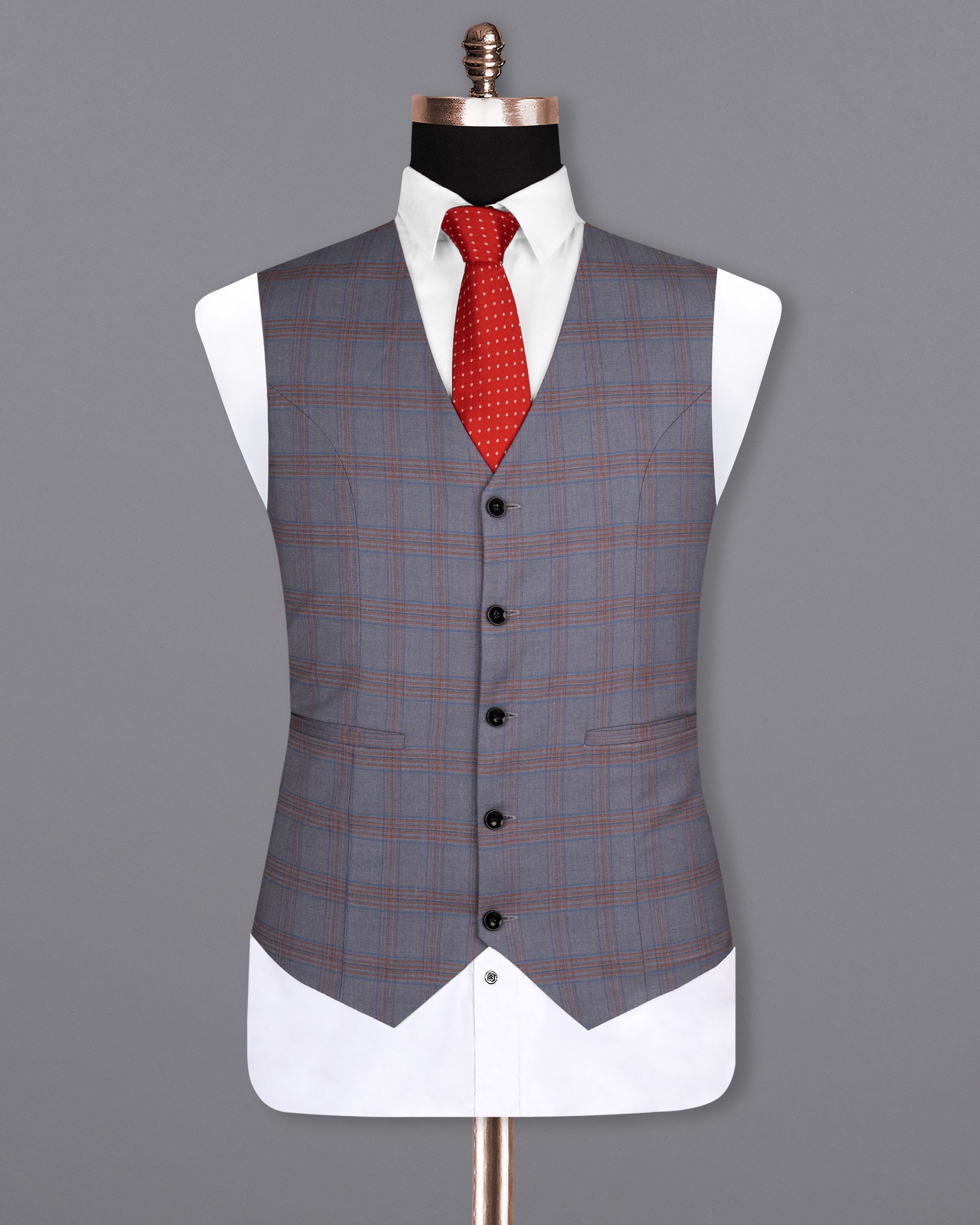 Manatee Grey Super fine Plaid Premium Cotton Waistcoat V1630-36, V1630-38, V1630-40, V1630-42, V1630-44, V1630-46, V1630-48, V1630-50, V1630-52, V1630-54, V1630-56, V1630-58, V1630-60