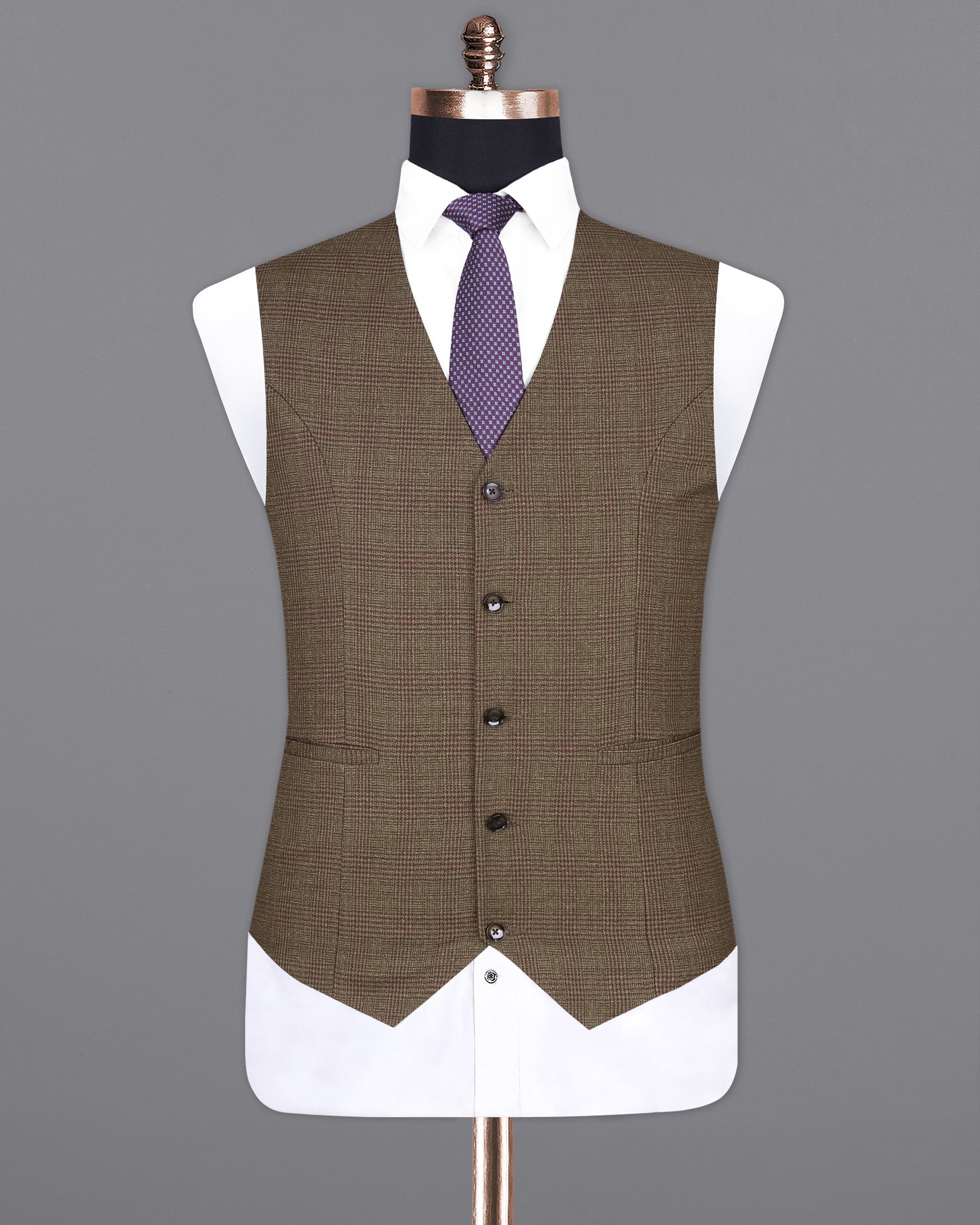 Hemlock Brown Plaid Wool Waistcoat  V2088-36, V2088-38, V2088-40, V2088-42, V2088-44, V2088-46, V2088-48, V2088-50, V2088-52, V2088-54, V2088-56, V2088-58, V2088-60