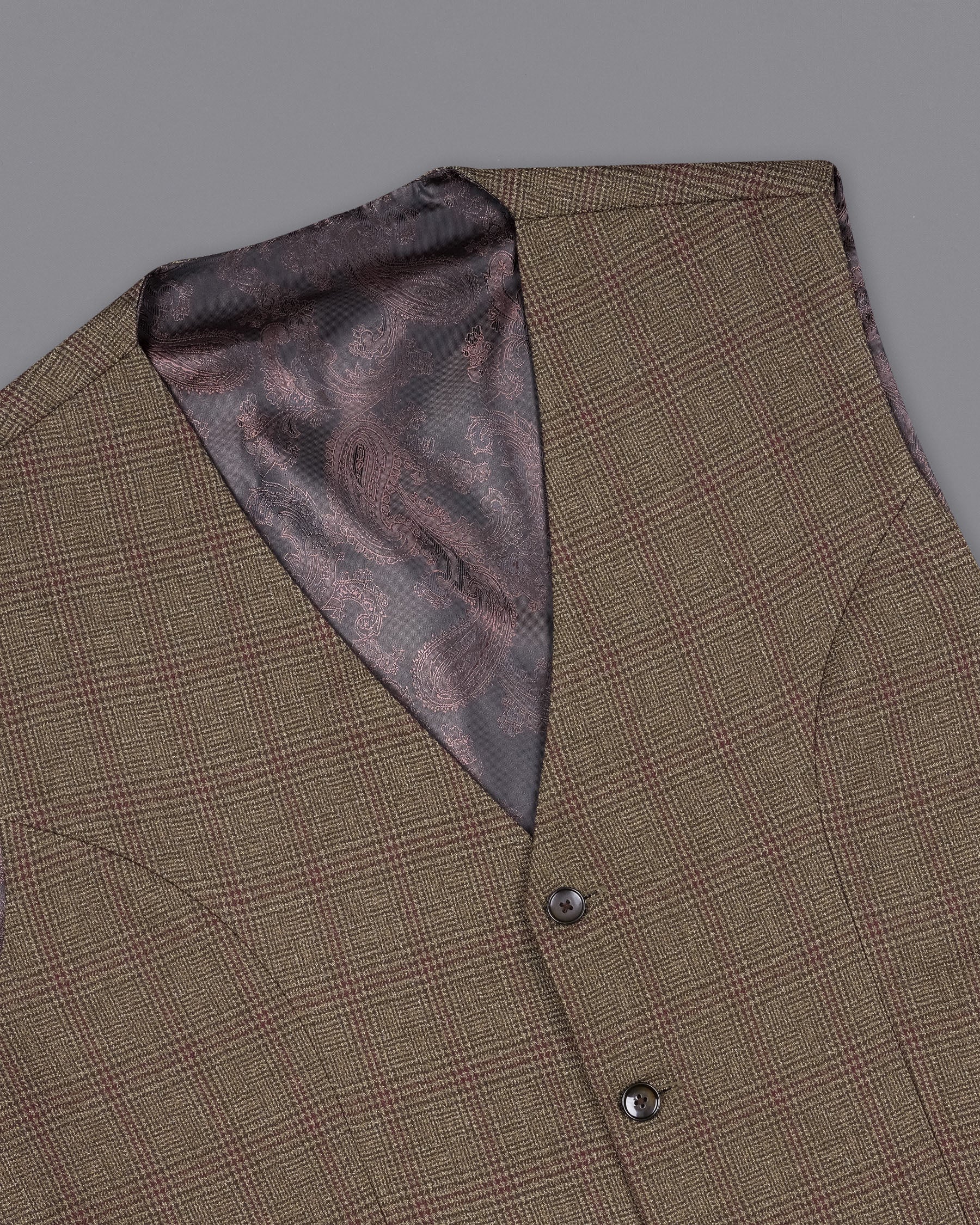 Hemlock Brown Plaid Wool Waistcoat  V2088-36, V2088-38, V2088-40, V2088-42, V2088-44, V2088-46, V2088-48, V2088-50, V2088-52, V2088-54, V2088-56, V2088-58, V2088-60