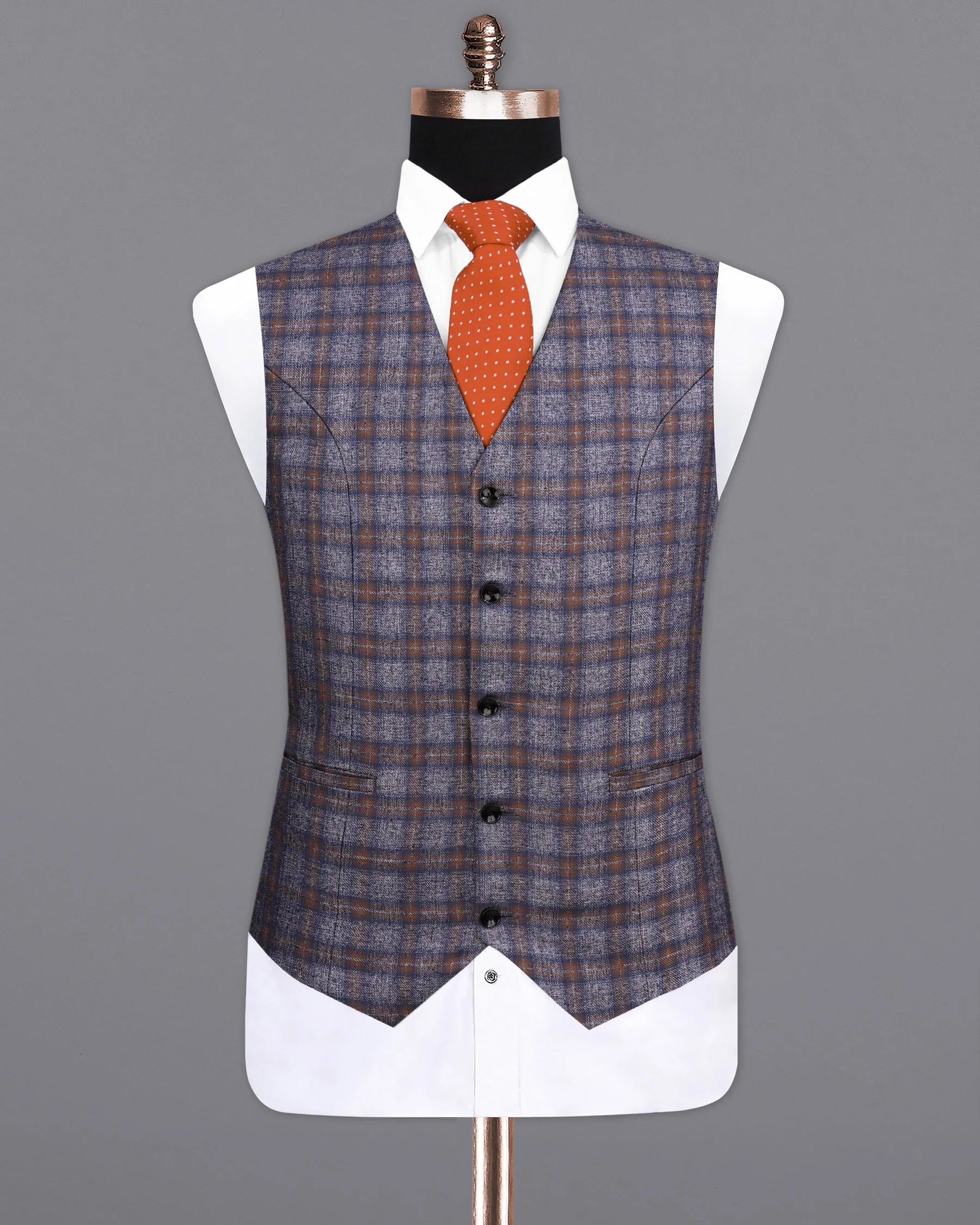 Martini Gray with Potters Brown Plaid Single Breasted Waistcoat V2147-36, V2147-38, V2147-40, V2147-42, V2147-44, V2147-46, V2147-48, V2147-50, V2147-52, V2147-54, V2147-56, V2147-58, V2147-60