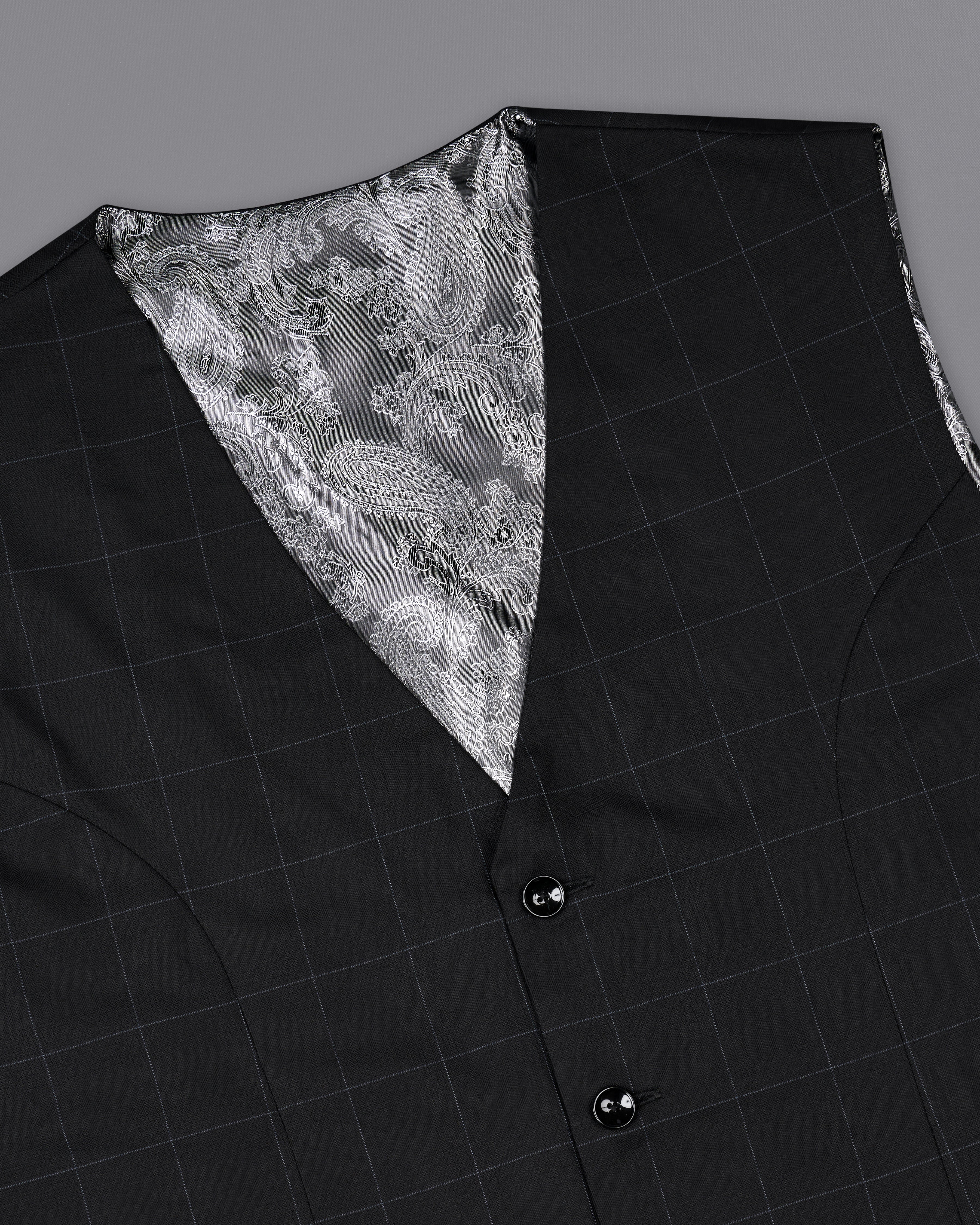 Jade Black Windowpane Designer Waistcoat V2378-36, V2378-38, V2378-40, V2378-42, V2378-44, V2378-46, V2378-48, V2378-50, V2378-52, V2378-54, V2378-56, V2378-58, V2378-60