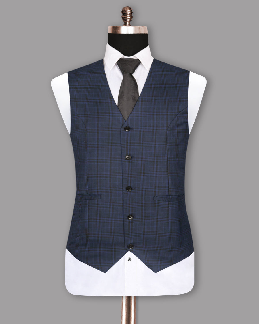 Navy Plaid Wool Blend Waistcoat