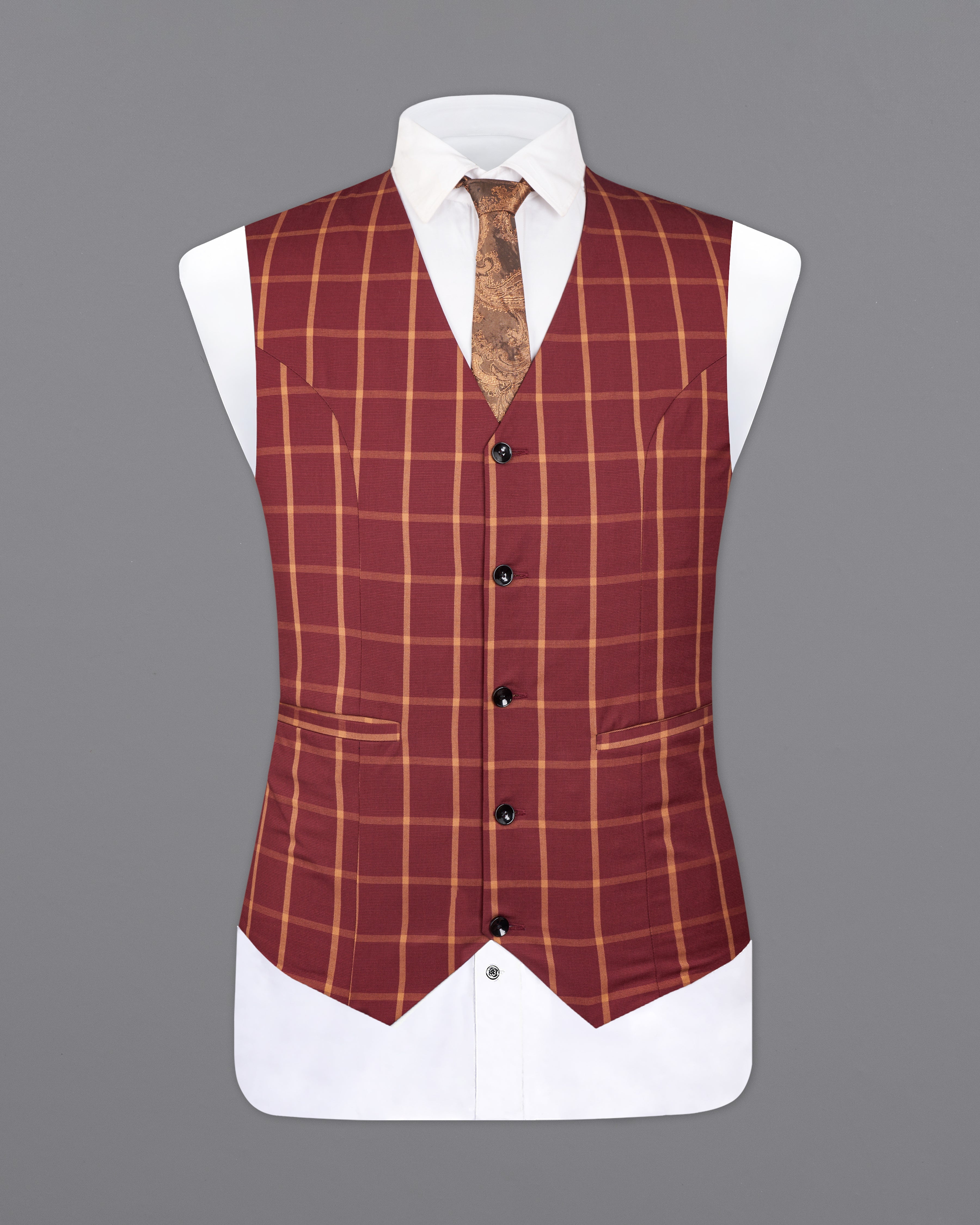 Wine and Chestnut Brown Plaid Waistcoat V2722-36, V2722-38, V2722-40, V2722-42, V2722-44, V2722-46, V2722-48, V2722-50, V2722-52, V2722-54, V2722-56, V2722-58, V2722-60