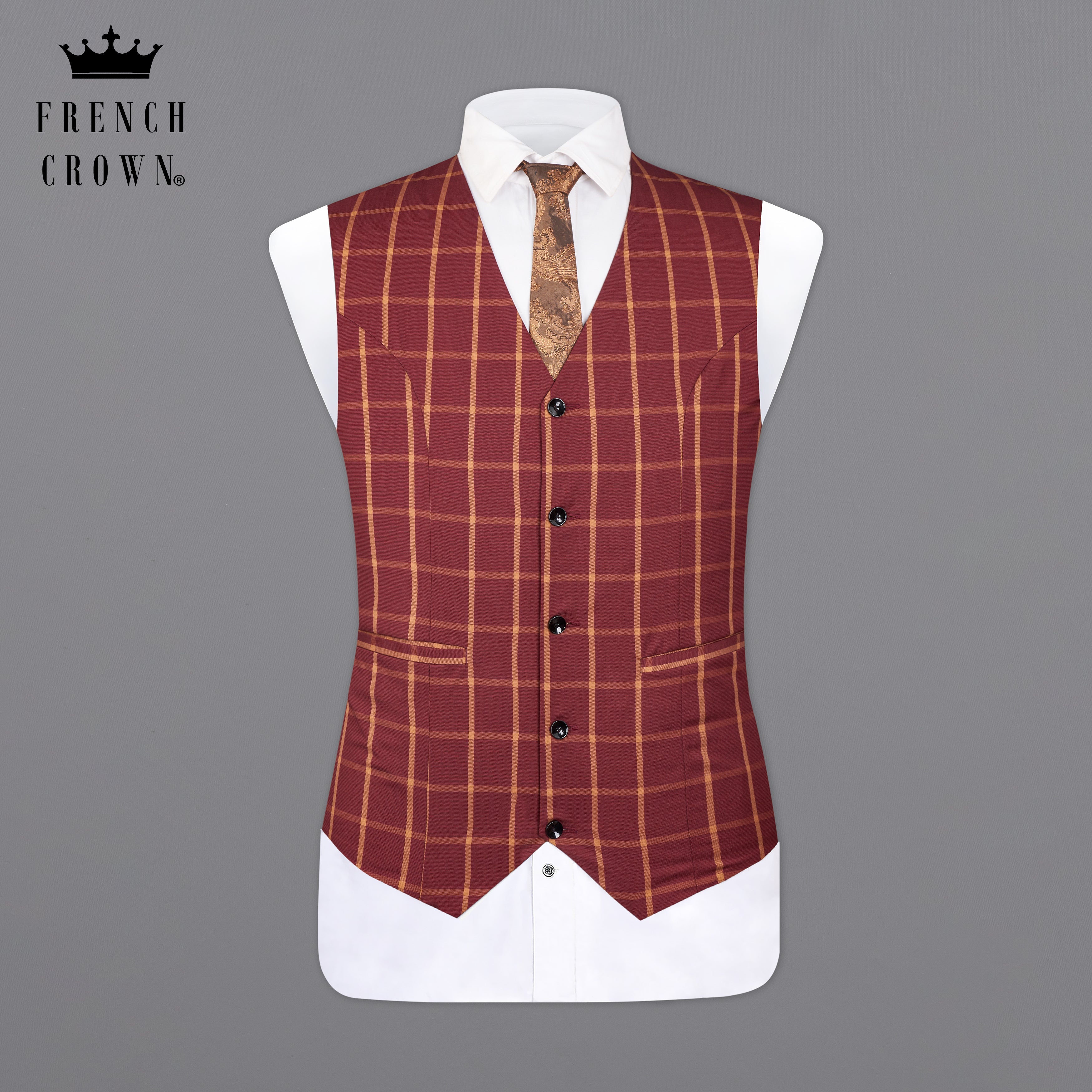 Wine and Chestnut Brown Plaid Waistcoat V2722-36, V2722-38, V2722-40, V2722-42, V2722-44, V2722-46, V2722-48, V2722-50, V2722-52, V2722-54, V2722-56, V2722-58, V2722-60