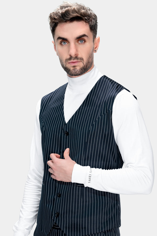 Gunmetal Blue with White Striped Wool Rich Waistcoat