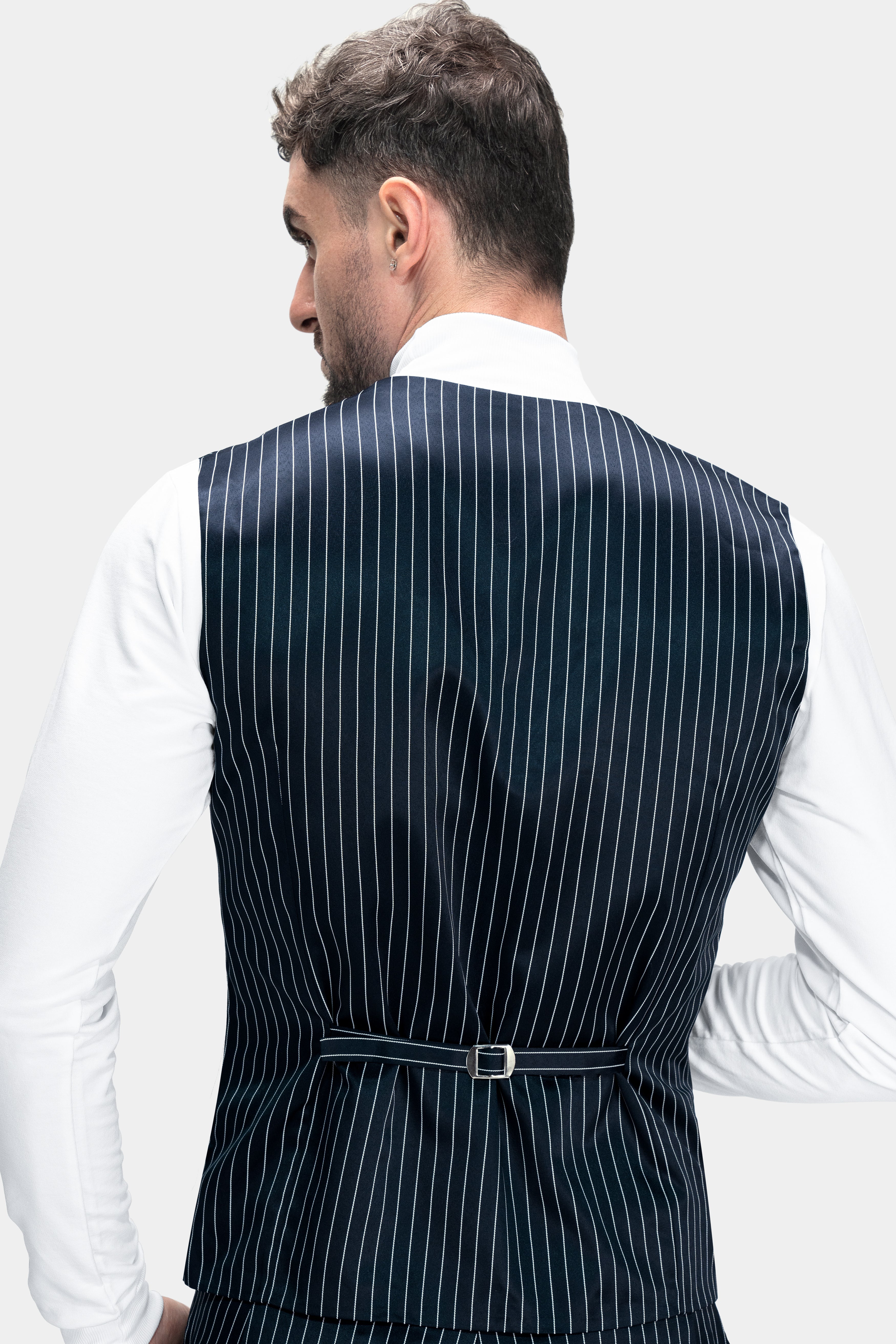 Gunmetal Blue with White Striped Wool Rich Waistcoat