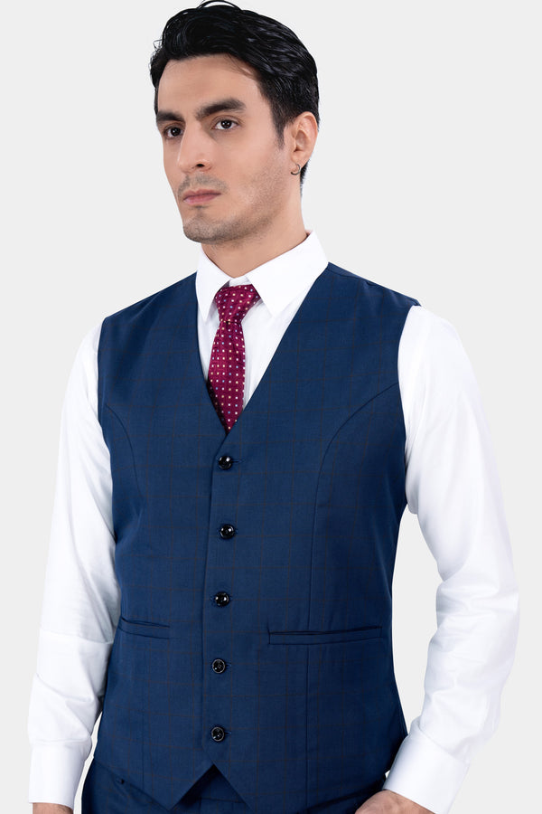 Tangaroa Blue and Subtle Black Checkered Wool Rich Waistcoat