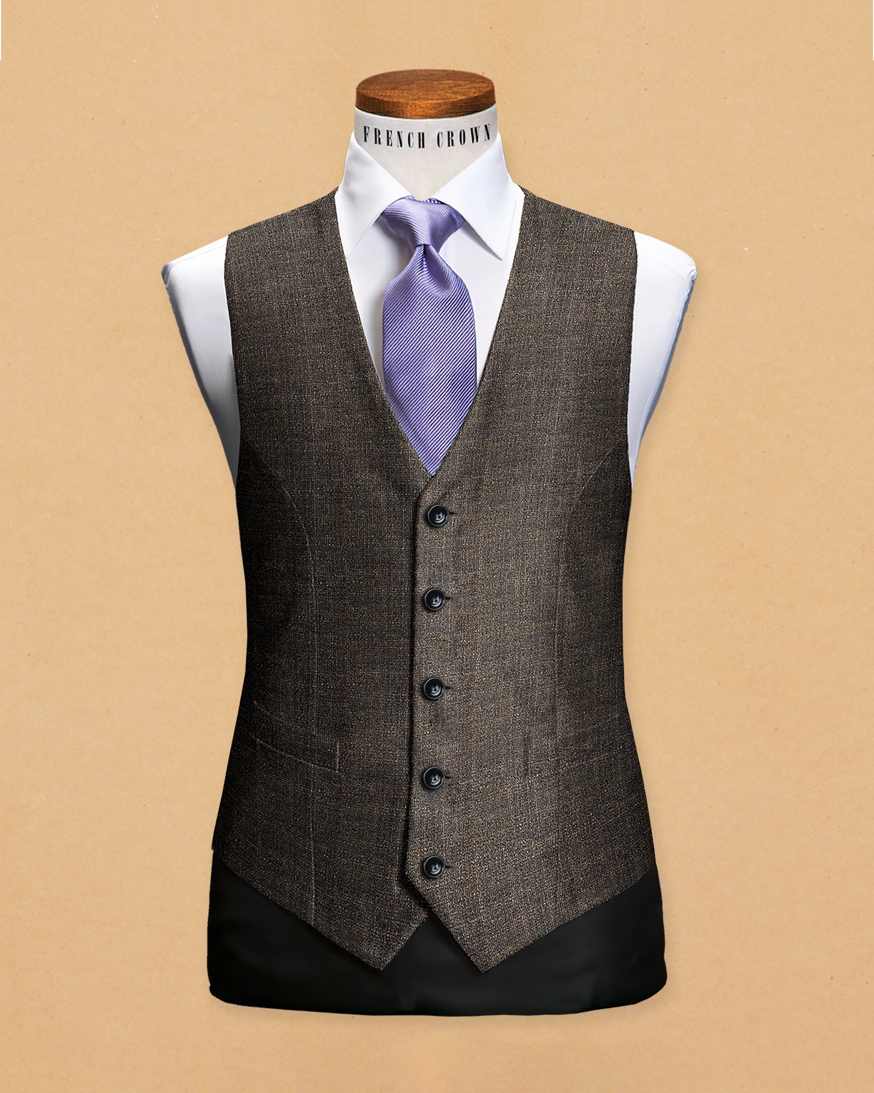 Peanut Brown Slub textured Checked Waistcoat