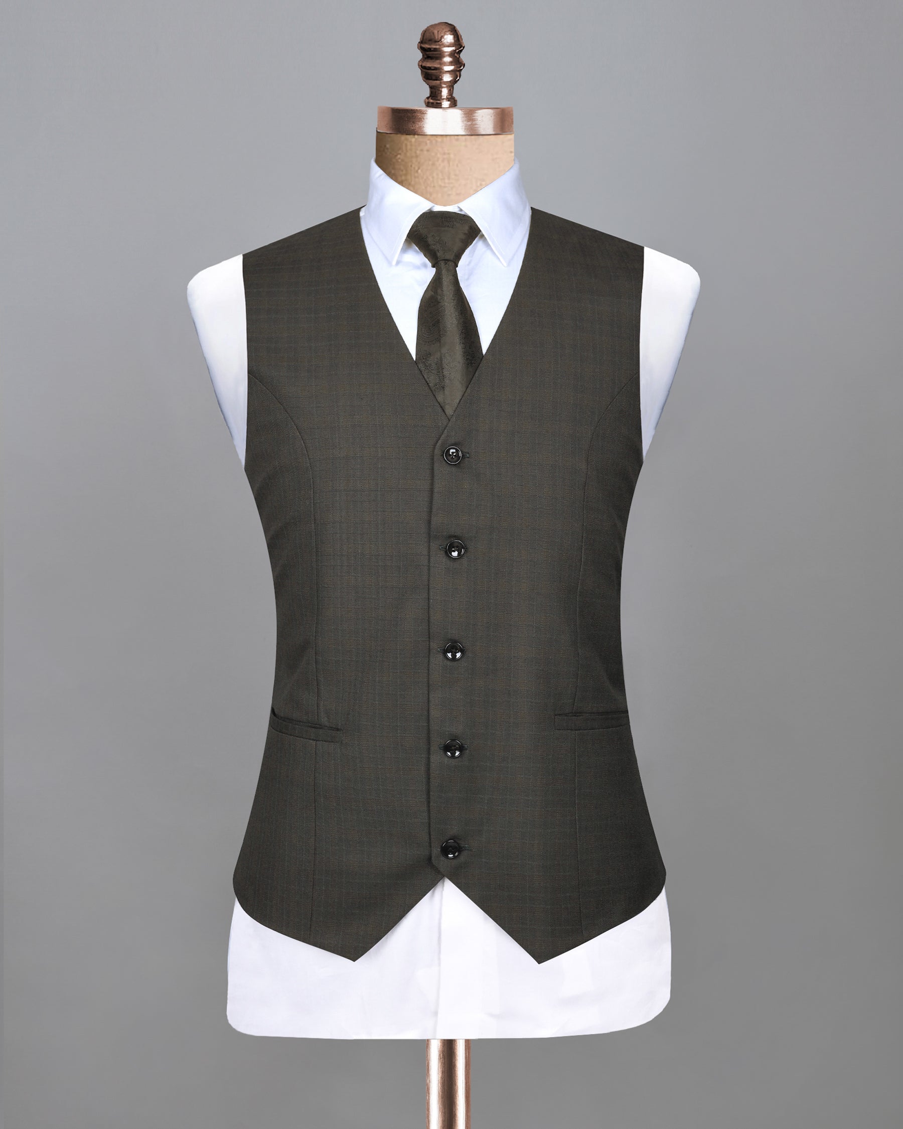 Wood Brown Checks-Plaid Premium Wool Blend Wedding Waistcoats For Men.