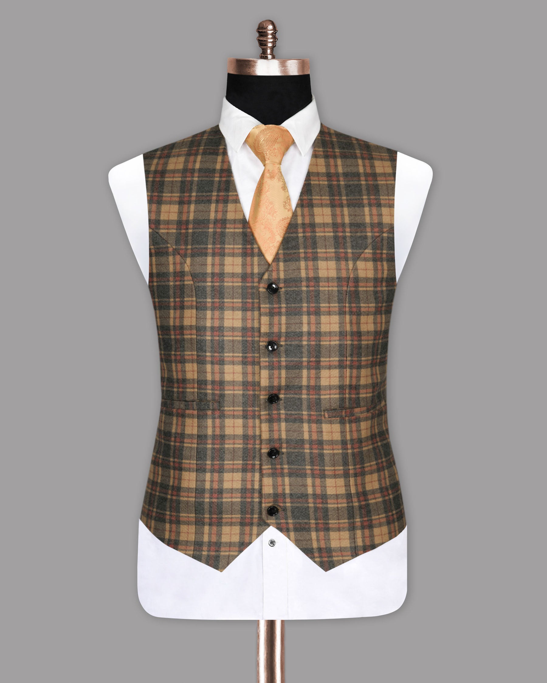 Charcoal with Orange and Red Plaid Flannel Wool Rich Waistcoat V858-36, V858-40, V858-52, V858-54, V858-56, V858-58, V858-60, V858-38, V858-42, V858-44, V858-46, V858-48, V858-50