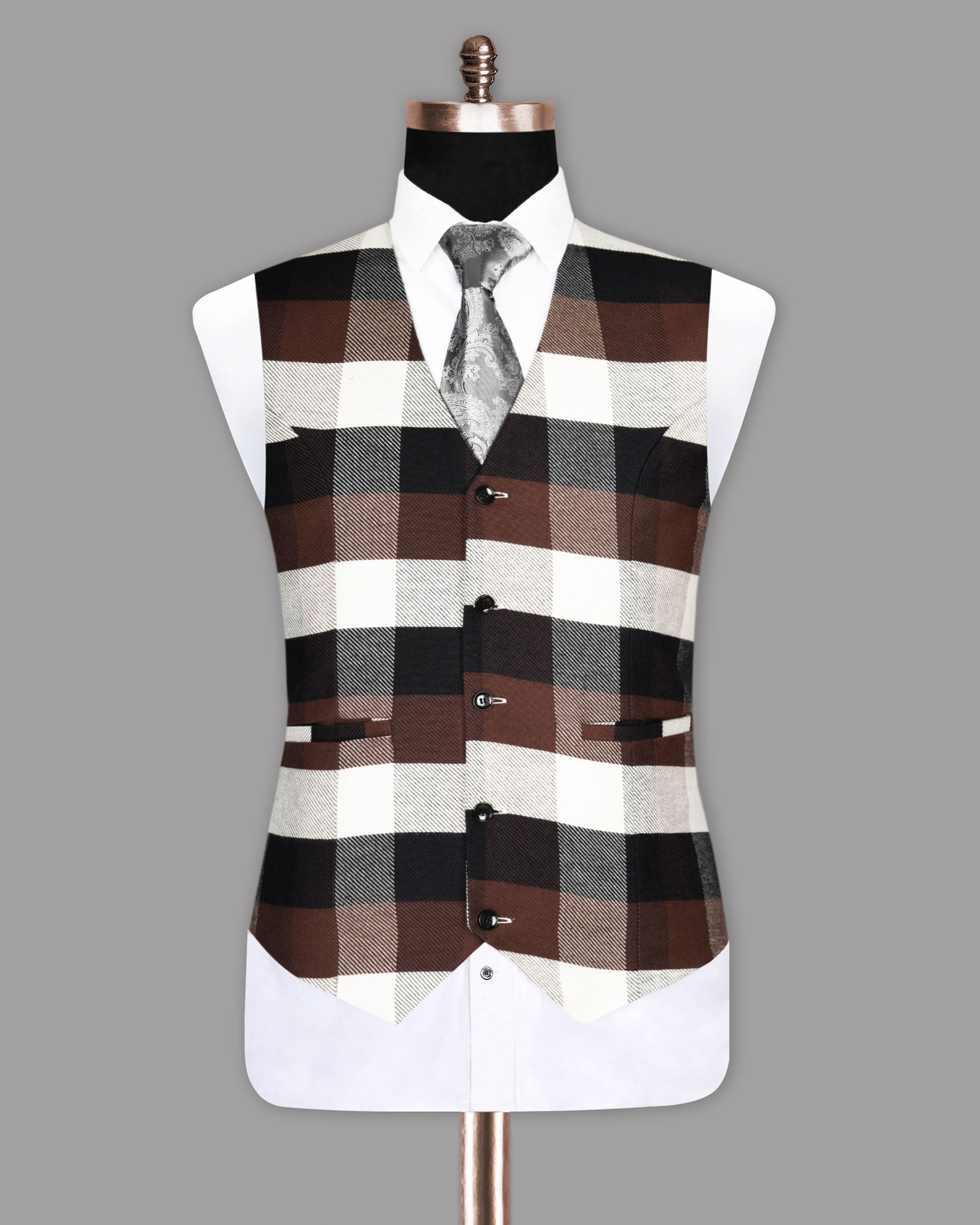 Brown with Black and Beige Checked Premium Cotton Waistcoat V860-38, V860-40, V860-44, V860-46, V860-52, V860-54, V860-56, V860-58, V860-60, V860-36, V860-42, V860-48, V860-50