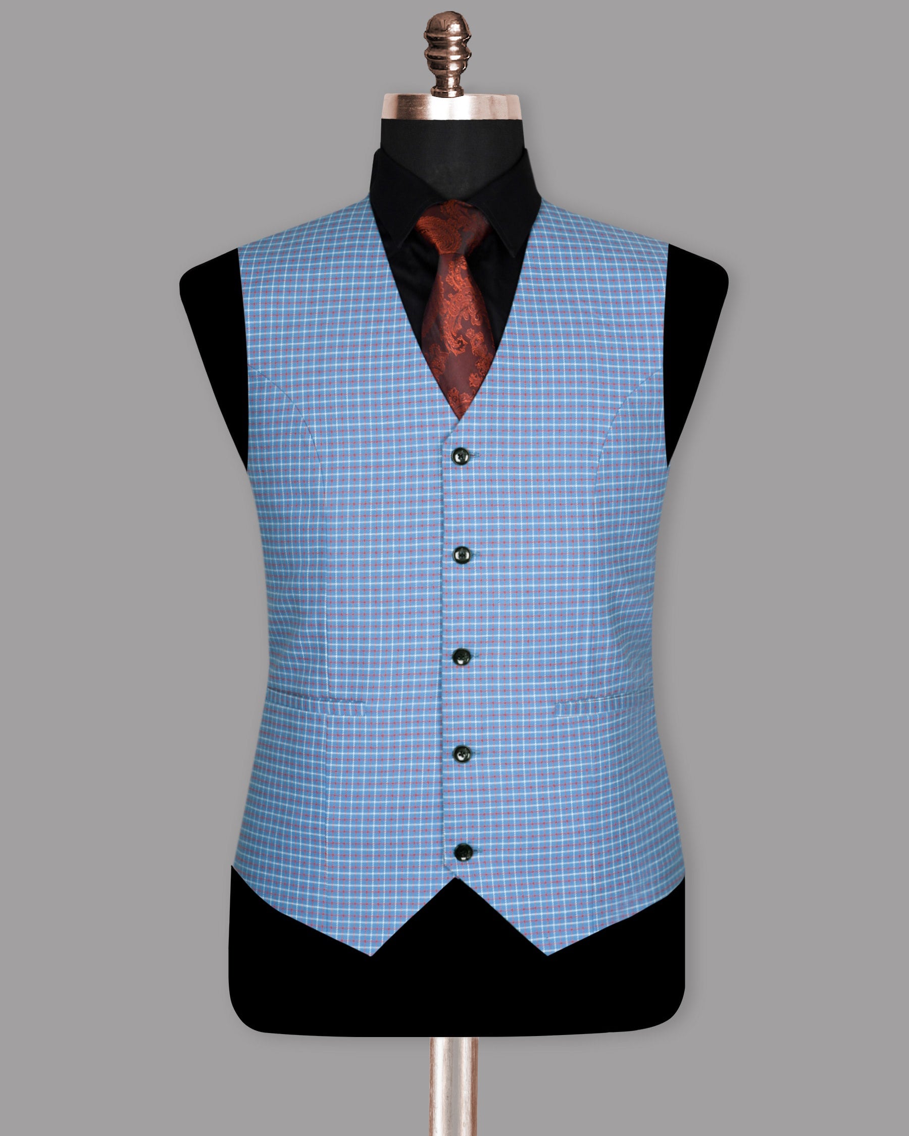 Sky with Red and White Micro Windowpane Waistcoat V966-48, V966-60, V966-58, V966-38, V966-44, V966-46, V966-50, V966-52, V966-40, V966-54, V966-42, V966-36, V966-56