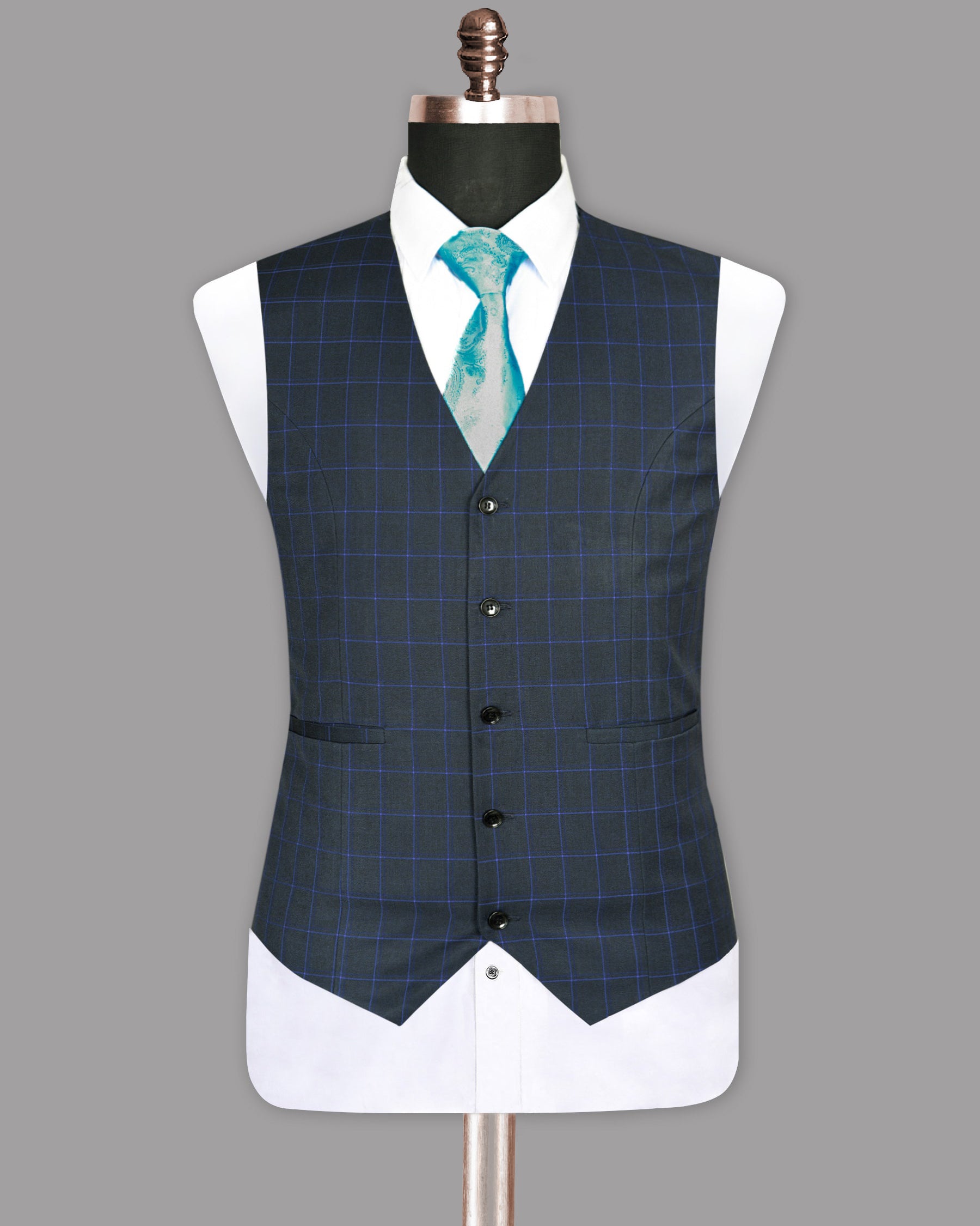 Charcoal with Blue Windowpane Wool Blend Waistcoat V968-36, V968-42, V968-48, V968-52, V968-58, V968-60, V968-38, V968-40, V968-46, V968-44, V968-56, V968-54, V968-50