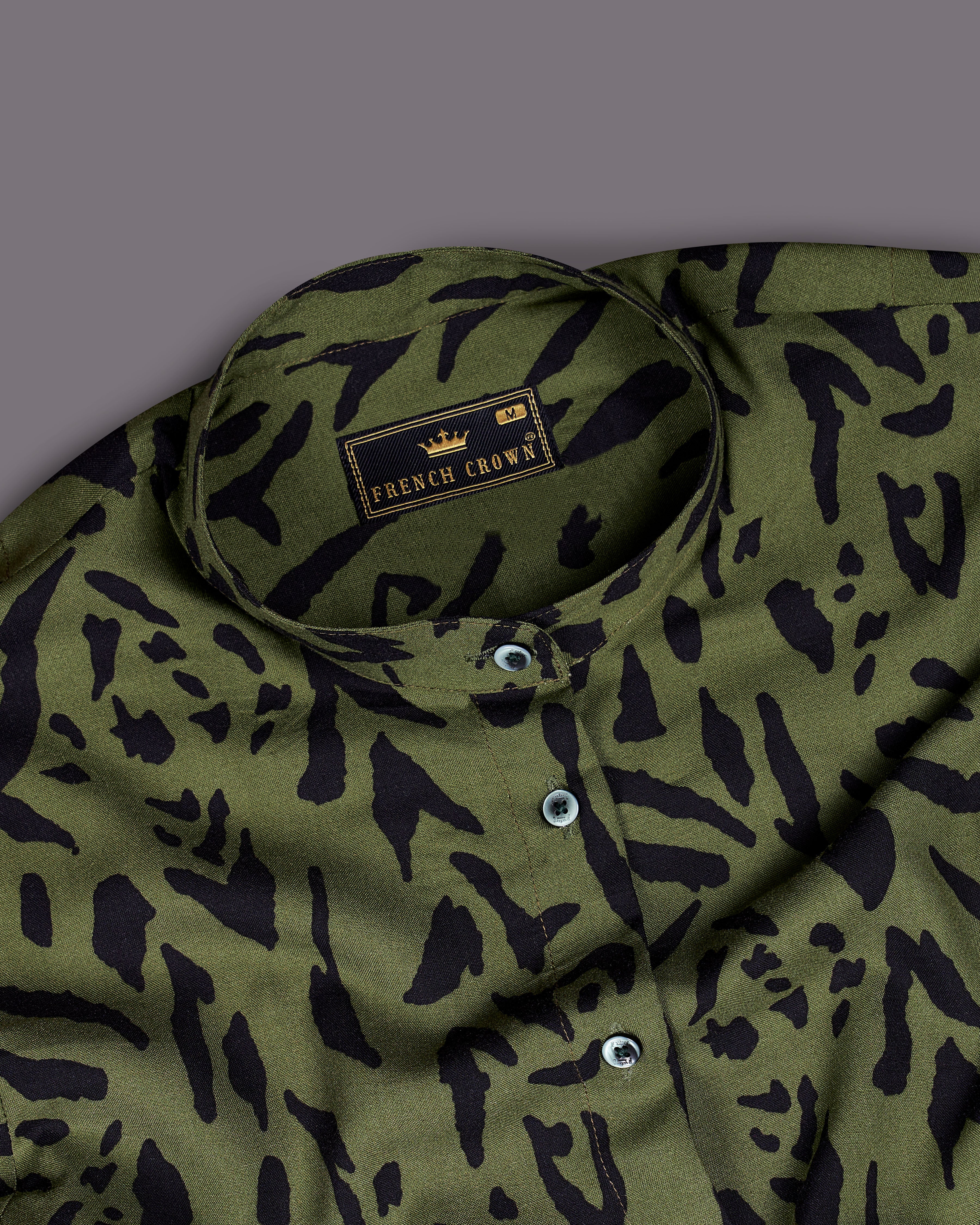 Asparagus Green Tiger Printed Premium Tencel Shirt WS047-M-32, WS047-M-34, WS047-M-36, WS047-M-38, WS047-M-40, WS047-M-42