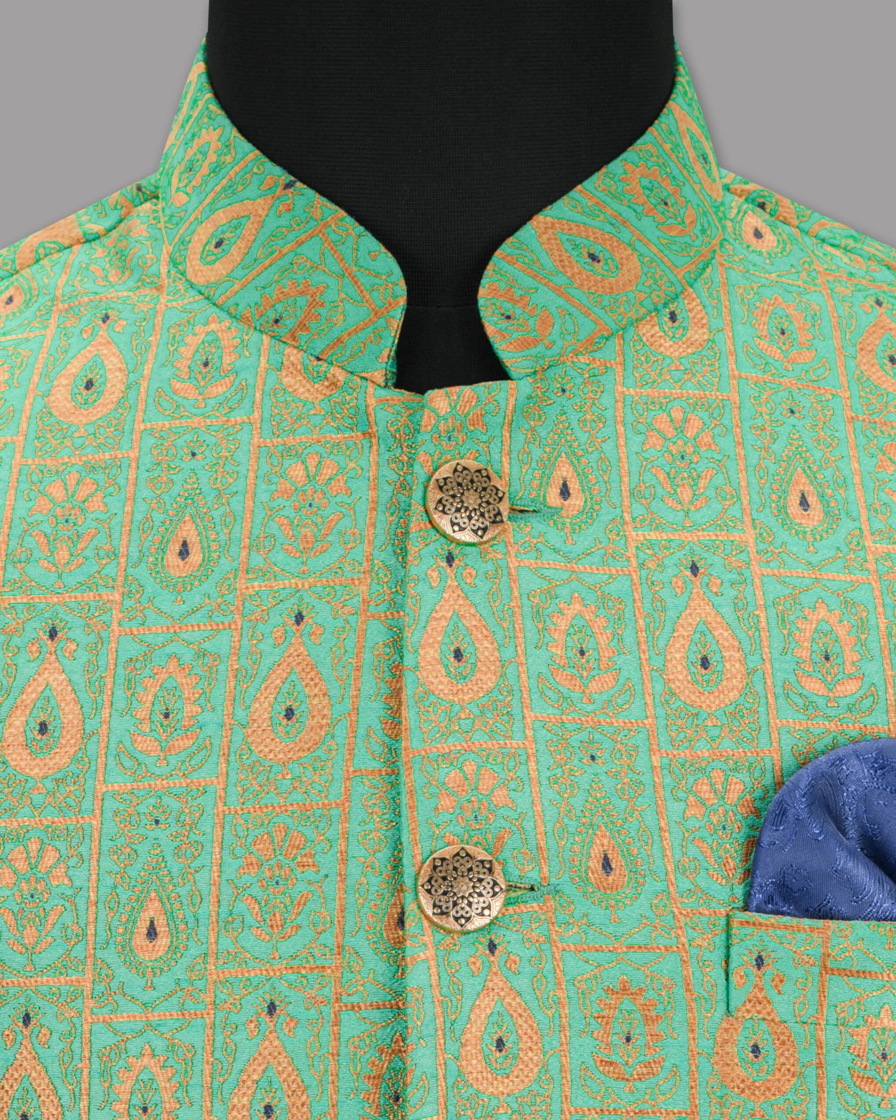 Bay Leaf Green with Golden Ancient Art Designer Nehru Jacket