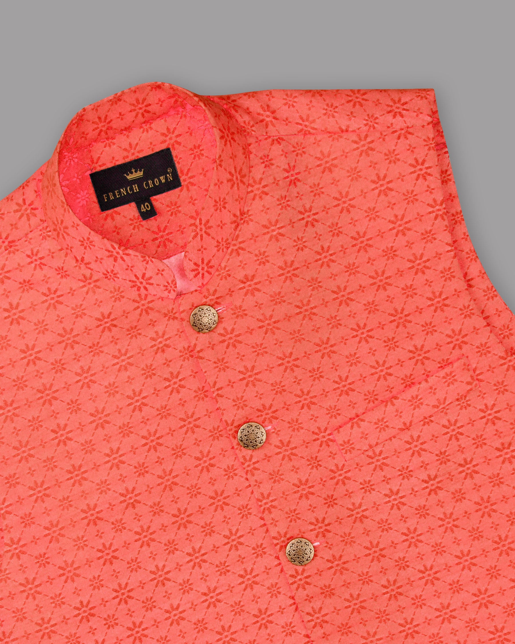 Persimmon Jacquard Patterned Designer Nehru jacket WC1159-36, WC1159-38, WC1159-40, WC1159-42, WC1159-46, WC1159-50, WC1159-52, WC1159-54, WC1159-58, WC1159-60, WC1159-44, WC1159-48, WC1159-56