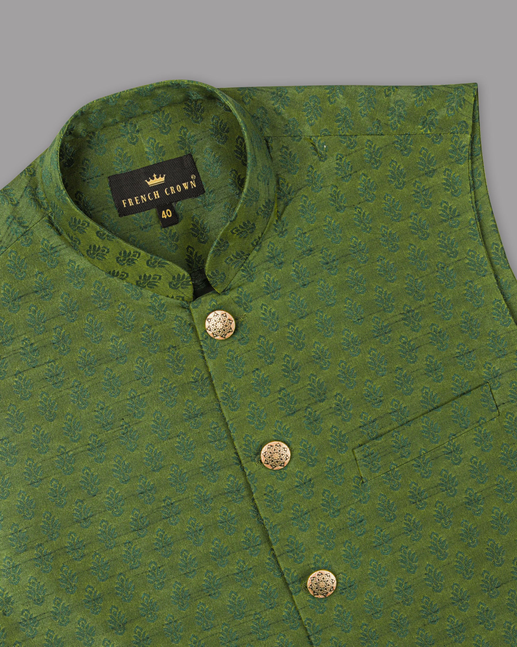 Saratoga Green Motif Jacquard Texture Designer Nehru Jacket WC1173-36, WC1173-38, WC1173-40, WC1173-42, WC1173-44, WC1173-46, WC1173-48, WC1173-56, WC1173-60, WC1173-50, WC1173-52, WC1173-54, WC1173-58