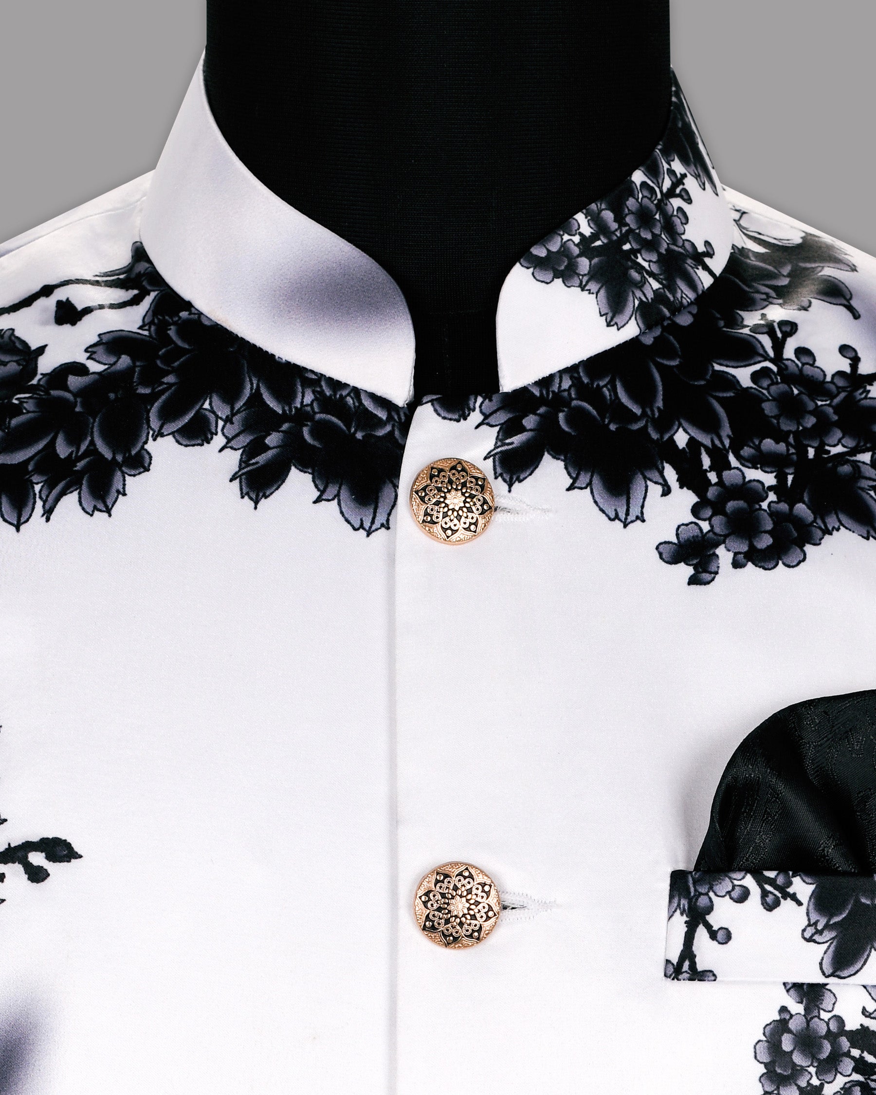 Gallery-Black Flowers Printed Super Soft Designer Nehru Jacket