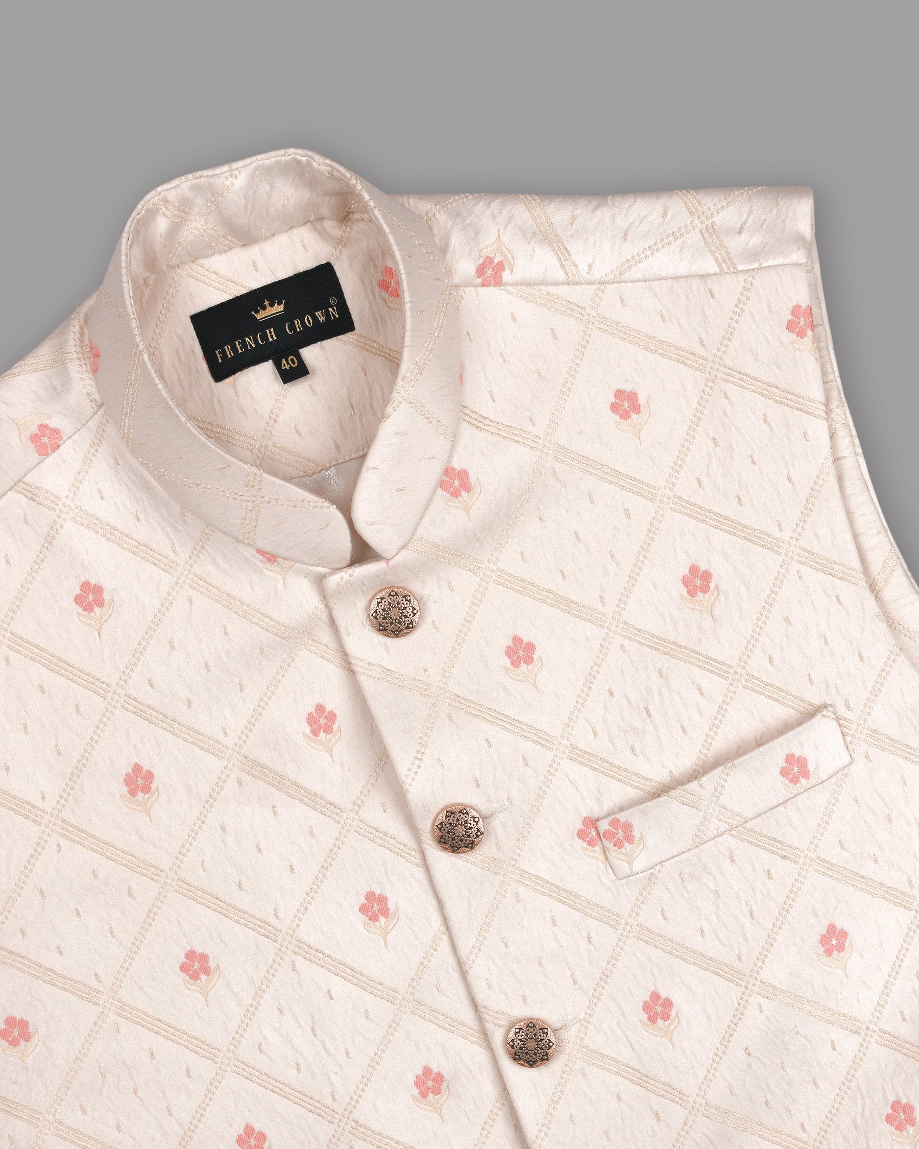 Almond-Tony’s Pink Jacquard Nehru Jacket WC1185-36, WC1185-44, WC1185-50, WC1185-52, WC1185-56, WC1185-58, WC1185-60, WC1185-38, WC1185-40, WC1185-42, WC1185-46, WC1185-48, WC1185-54