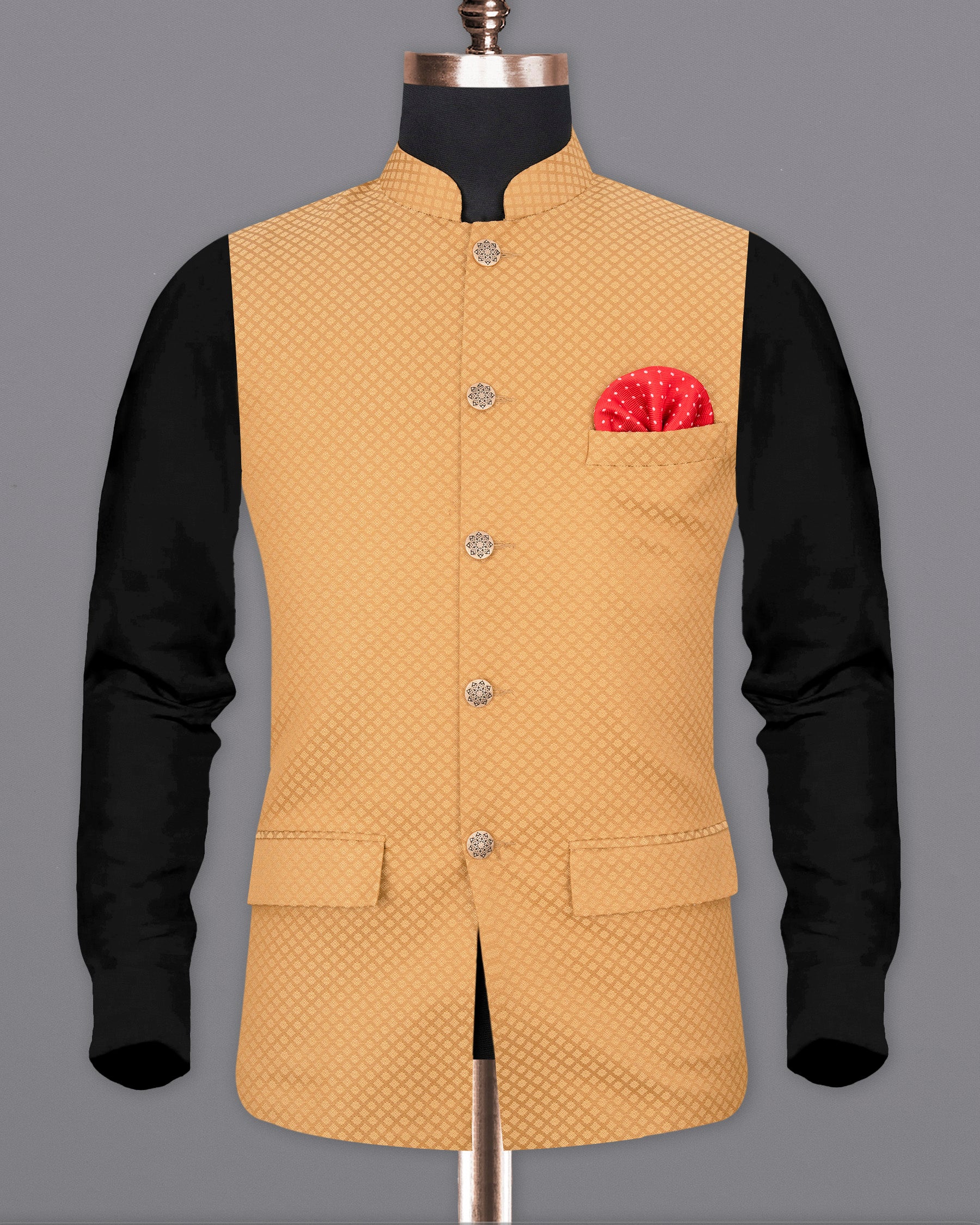 Whiskey Brown Textured Premium Wool Blend Nehru Jackets For Men