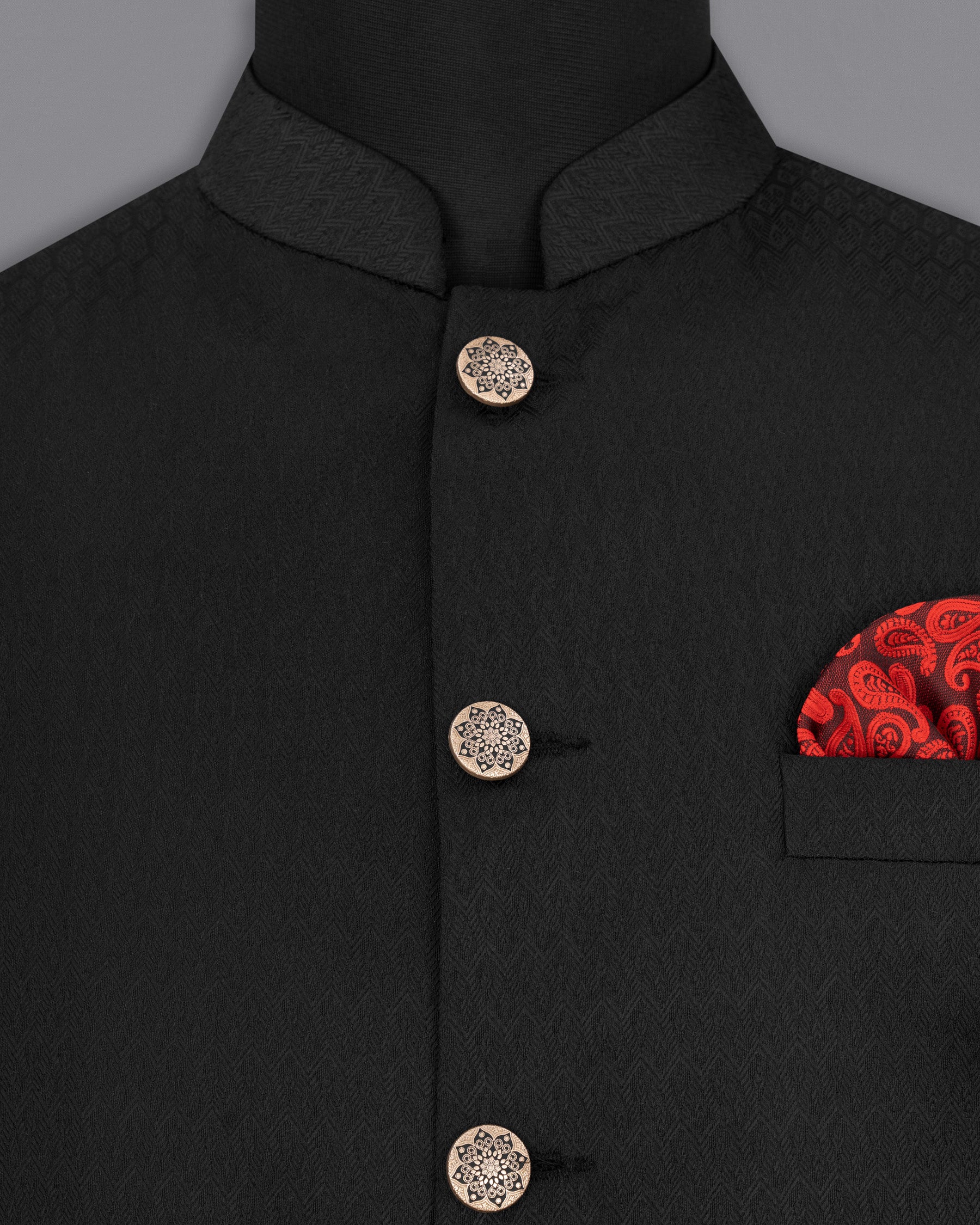 Midnight Moss Black Jacquard Leaves Patterned Textured Nehru Jacket WC1661-36, WC1661-38, WC1661-40, WC1661-42, WC1661-44, WC1661-46, WC1661-48, WC1661-50, WC1661-52, WC1661-54, WC1661-56, WC1661-58, WC1661-60