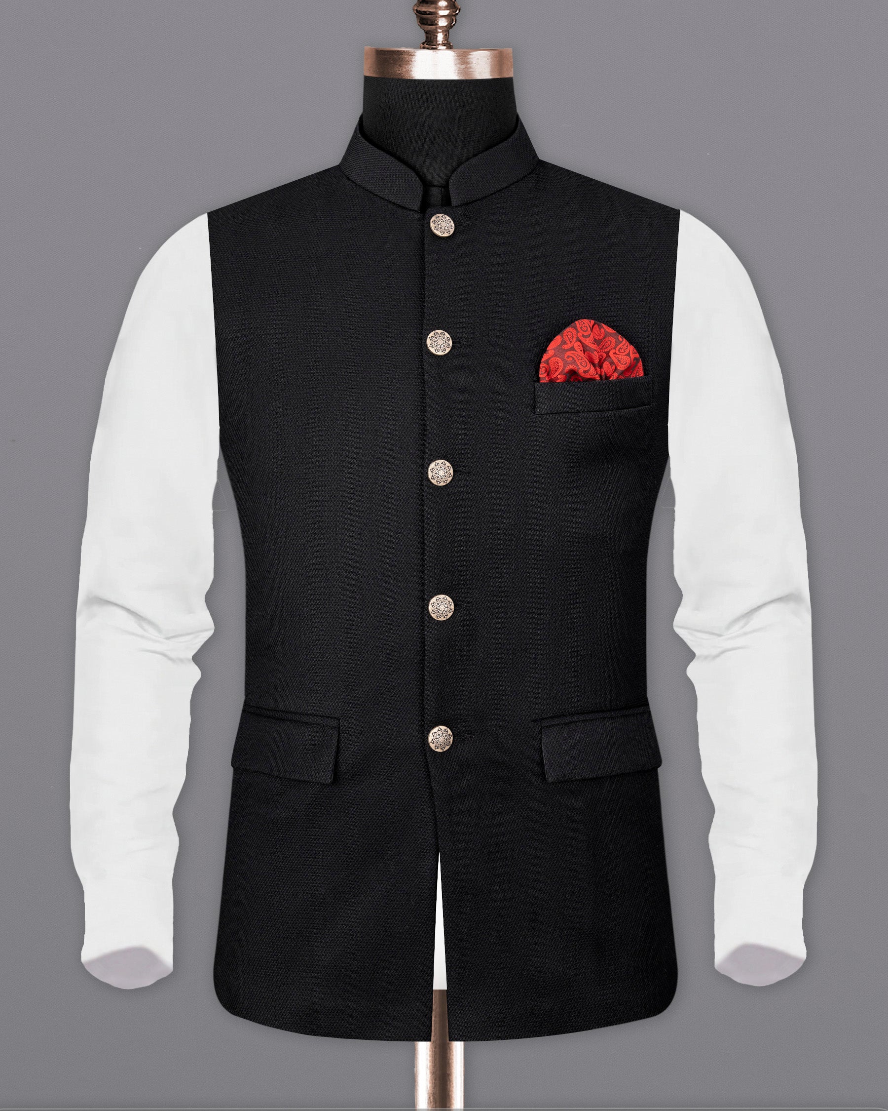 Jet Black Micro Textured Nehru Jacket WC1669-36, WC1669-38, WC1669-40, WC1669-42, WC1669-44, WC1669-46, WC1669-48, WC1669-50, WC1669-52, WC1669-54, WC1669-56, WC1669-58, WC1669-60