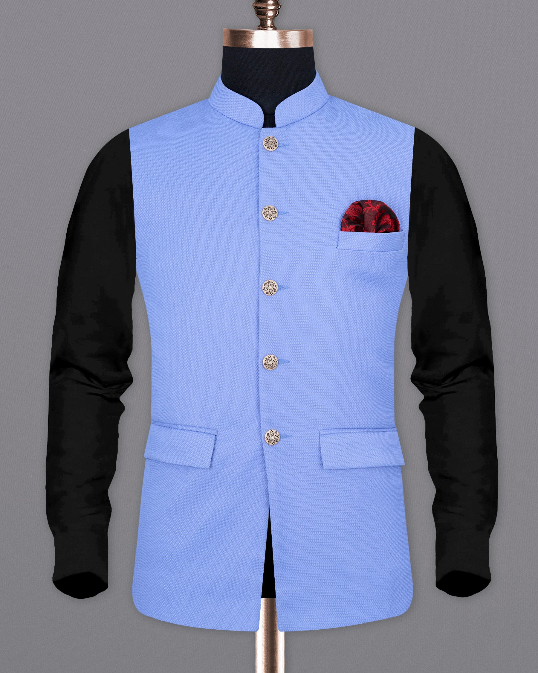 Jordy Blue Micro Textured Nehru Jacket WC1672-36, WC1672-38, WC1672-40, WC1672-42, WC1672-44, WC1672-46, WC1672-48, WC1672-50, WC1672-52, WC1672-54, WC1672-56, WC1672-58, WC1672-60
