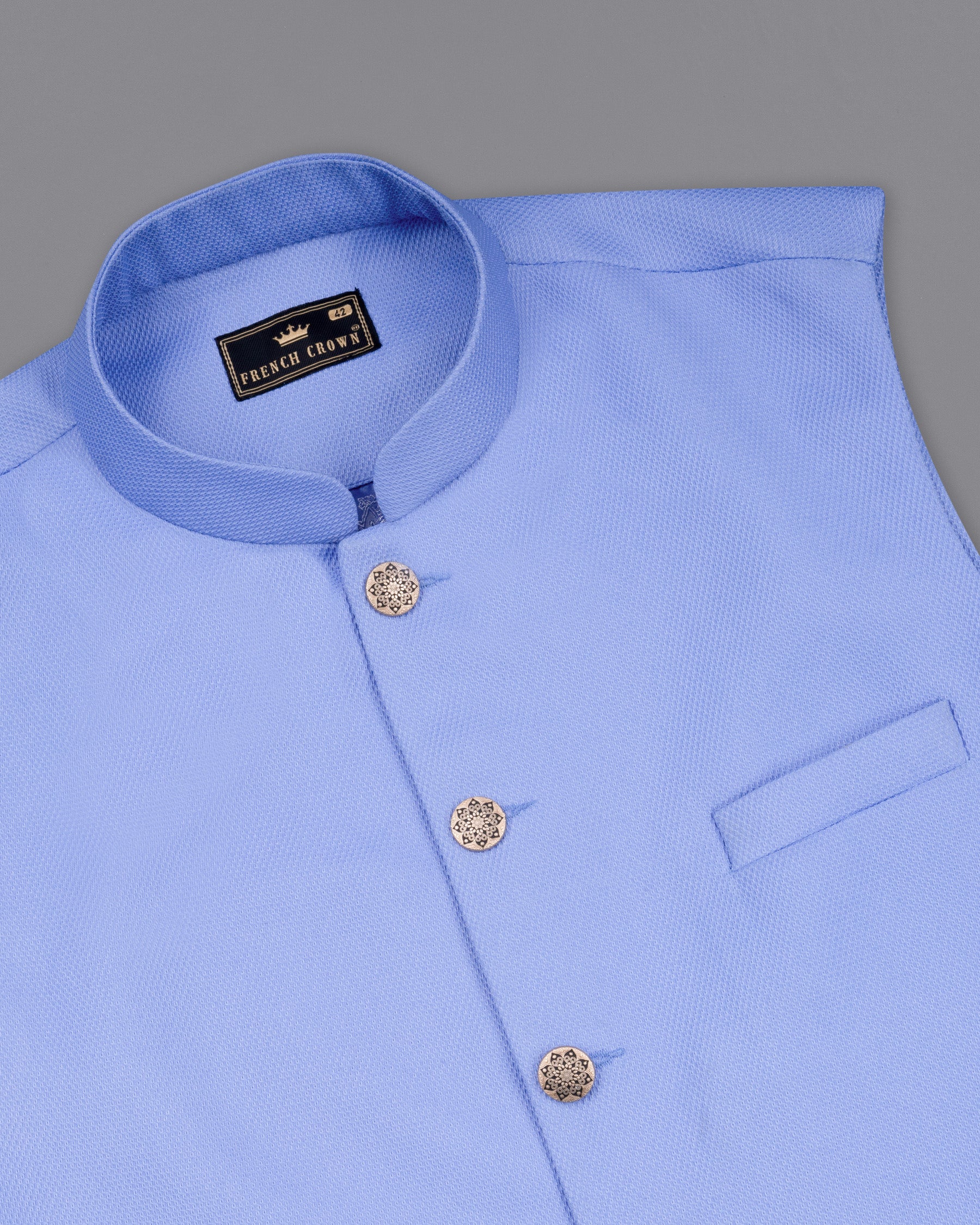 Jordy Blue Micro Textured Nehru Jacket WC1672-36, WC1672-38, WC1672-40, WC1672-42, WC1672-44, WC1672-46, WC1672-48, WC1672-50, WC1672-52, WC1672-54, WC1672-56, WC1672-58, WC1672-60