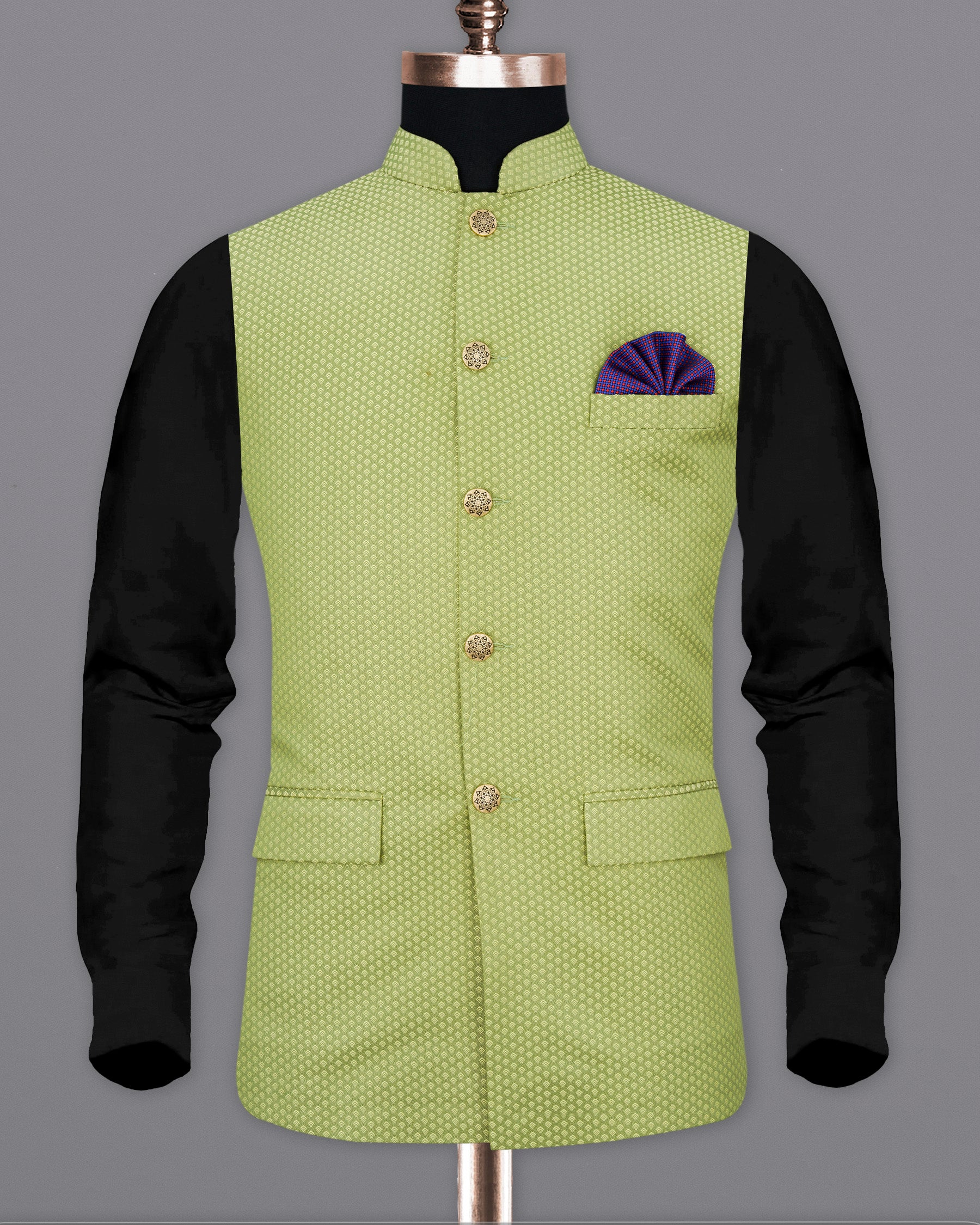 Olivine Green Textured Nehru Jacket WC1674-36, WC1674-38, WC1674-40, WC1674-42, WC1674-44, WC1674-46, WC1674-48, WC1674-50, WC1674-52, WC1674-54, WC1674-56, WC1674-58, WC1674-60